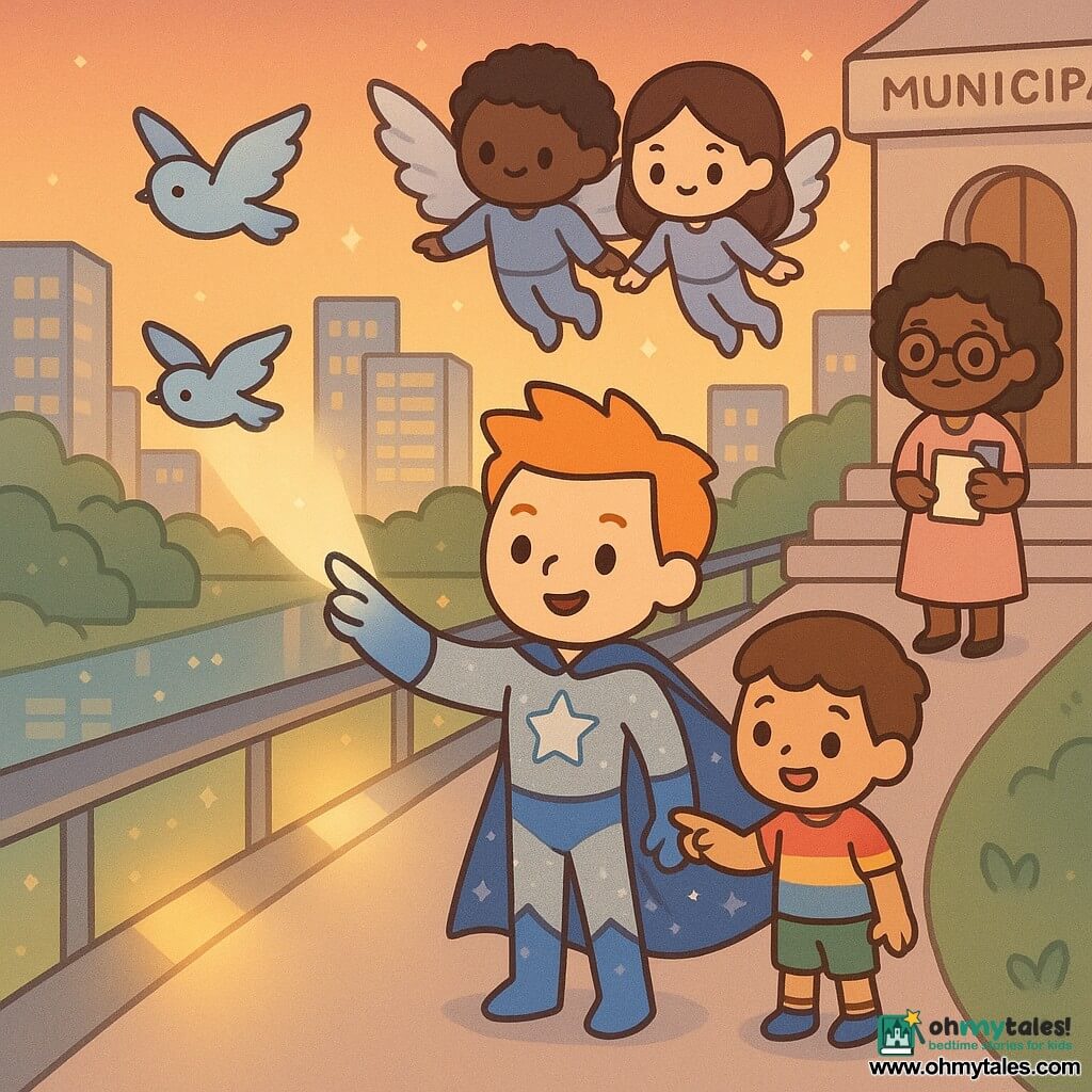 A smiling, benevolent superhero with upright orange hair and a silver-and-blue sparkling costume raises his right hand, emitting a soft light beam that gently guides flying birds; an about-8-year-old brown-haired boy in colorful clothes stands nearby on an elevated walkway, smiling and pointing; a grateful mayor in her 40s in a pastel dress with round glasses holds a document and a lemonade cup on the municipal steps in the background; two silver-winged teen Sky Guardians, a boy and a girl, hover behind the hero; the scene is on a large elevated walkway over a sparkling city of glass buildings and green parks at an orange-gold twilight, the hero dimming the walkway lamps with his beam to create a safe, warm path for the birds, in vivid pastels, rounded simplified silhouettes, composition centered on the light gesture and birds in flight.