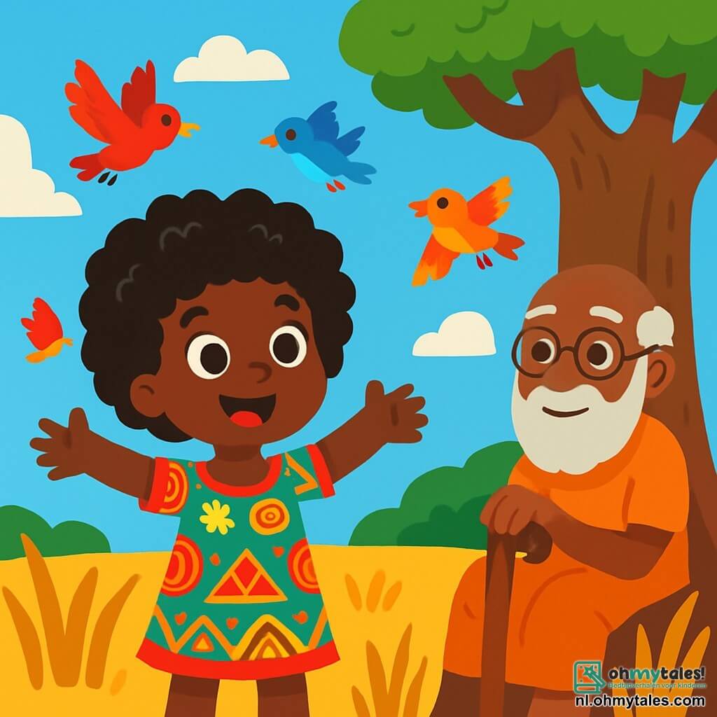 Een vrouw genaamd Nia, met krullend en glanzend haar, draagt een kleurrijke jurk versierd met Afrikaanse patronen. Ze heeft een stralende glimlach en sprankelende ogen van verwondering, terwijl ze in het midden van een gouden savanne staat, omringd door hoge gras. Dichtbij zit een oude wijze man van ongeveer 60 jaar, met een lange witte baard en ronde brillen, onder een grote baobab. Hij kijkt vriendelijk naar Nia terwijl hij een houten wandelstok vasthoudt. De lucht is helderblauw, met donzige witte wolken, en de zon schijnt fel, waardoor het landschap wordt verlicht. Nia staat met open armen, alsof ze de magie van de savanne omarmt, terwijl kleurrijke vogels om haar heen vliegen en leven en vreugde aan de scène toevoegen.