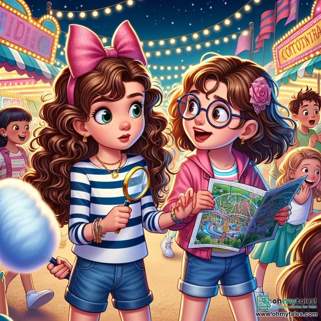 A 9-year-old girl named Lily, with long curly hair and a pretty pink ribbon, shows great determination on her face. She wears a striped shirt and denim shorts, holding a magnifying glass in her right hand, ready to solve a mystery. Next to her, Emma, a 9-year-old girl with round glasses and straight hair, closely examines a carnival map, displaying a focused expression. Jack, a 9-year-old boy with messy brown hair and a colorful t-shirt, laughs while holding a large cotton candy, standing slightly back, ready to support his friends. The scene takes place in the heart of a lively carnival, with colorful tents, sparkling lights, and fairground games in the background. Children laugh and play around them, while the sweet smell of cotton candy fills the air. Lily, Emma, and Jack are questioning a mysterious girl wearing a blue hat, who seems nervous, as they try to solve the mystery of a missing diamond necklace.