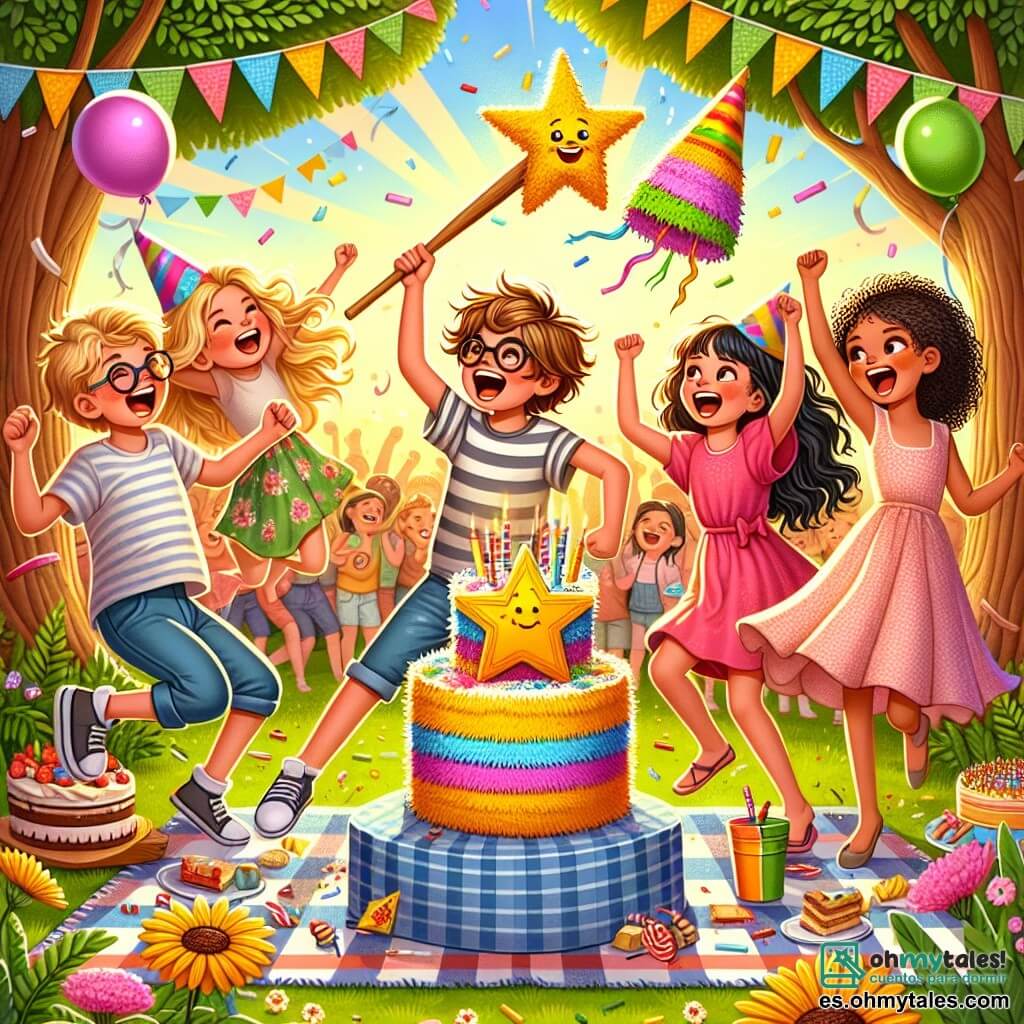 Un niño de 11 años, con cabello castaño desordenado y gafas, sonríe alegremente sosteniendo un sombrero de fiesta colorido. A su lado, una niña de cabello rizado y dorado, vestida con un vestido rosa, baila con entusiasmo, con los brazos levantados hacia el cielo. Otro niño, con una gorra al revés y una camiseta a rayas, ríe mientras sostiene una piñata en forma de estrella. Una niña de cabello negro, con una camiseta de estampados de animales, se prepara para golpear la piñata con un bate de madera. El escenario es un parque soleado, lleno de flores coloridas y árboles verdes. En el centro, hay un gran mantel a cuadros con pasteles, dulces y globos flotando en el aire. Al fondo, amigos reunidos cantan alegremente, creando una atmósfera festiva y cálida. La escena principal muestra el momento en que los niños celebran un cumpleaños sorpresa, rodeados de risas y alegría, listos para golpear la piñata y liberar dulces coloridos.