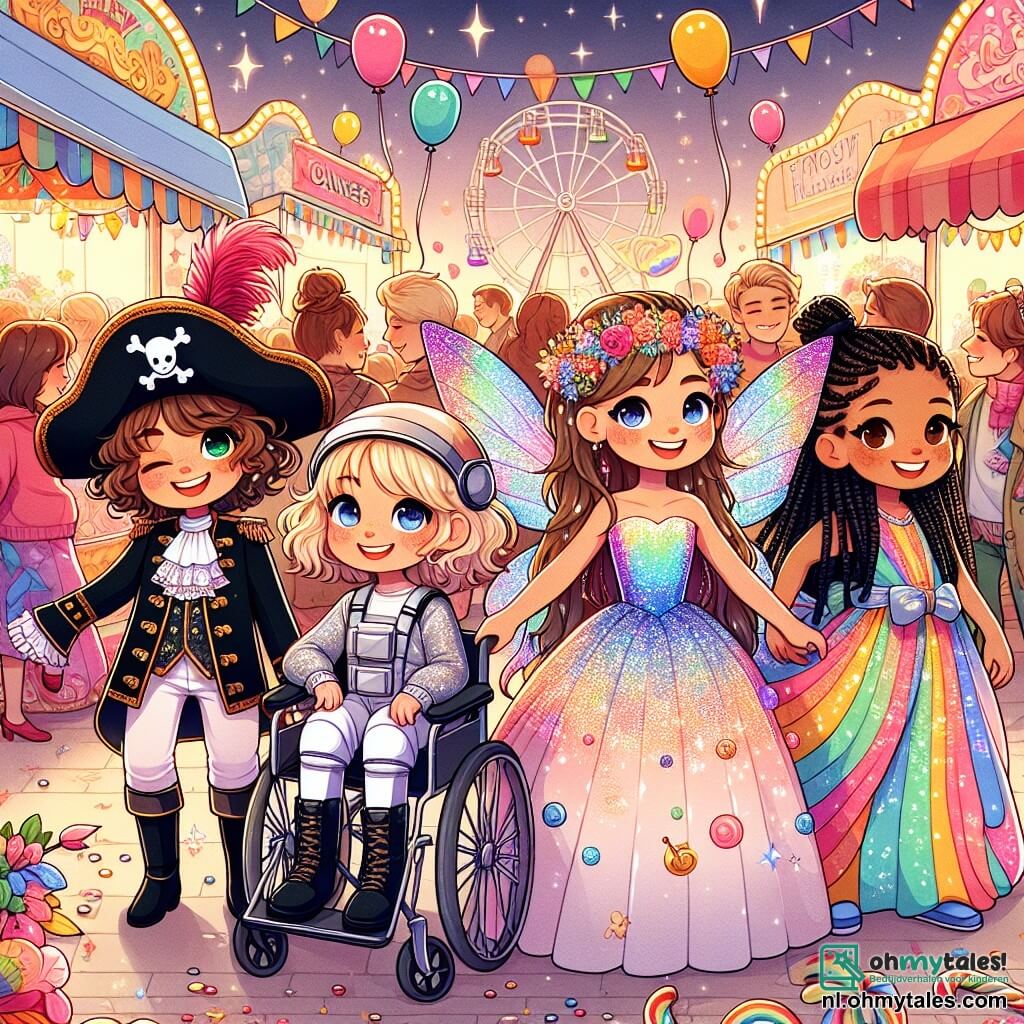 In een feestelijke carnavalscène zijn vier vriendinnen samengekomen. Emma, een 10-jarig meisje met krullend haar en sprankelende ogen, draagt een piratenkostuum met een zwarte hoed versierd met een rode veer. Naast haar is Lotte, een 9-jarig meisje met blond haar en blauwe ogen, verkleed als fee met een glinsterende jurk en kleurrijke vleugels die in de zon stralen. Sara, een 10-jarig meisje met bruin haar en een stralende glimlach, zit in haar rolstoel, gekleed als astronaut in een zilveren pak met een zelfgemaakt helm. Tot slot is Yasmin, een 9-jarig meisje met zwart haar en vlechten, gekleed in een regenboogkleurige jurk en danst vrolijk. De achtergrond toont een levendig carnaval met snoepstands, kleurrijke ballonnen die in de lucht zweven en mensen in verschillende kostuums die dansen en lachen. Op de achtergrond is een verlichte reuzenrad en praalwagens versierd met bloemen en fonkelende lichten te zien, wat een magische en feestelijke sfeer creëert. De vier vriendinnen hebben het samen leuk, lachen en dansen, terwijl een ondeugende aap zich naar hen toe beweegt en hun aandacht trekt met zijn fratsen en acrobatiek. Het is een moment van vreugde en vriendschap, dat de geest van het carnaval vastlegt.