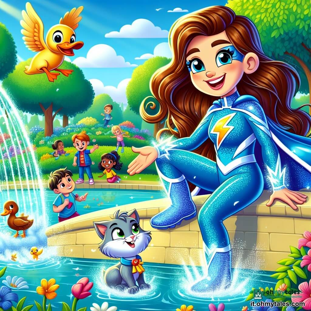 Sofia, una supereroina vivace di circa 25 anni, indossa una tuta blu brillante con un grande fulmine giallo sul petto. Ha lunghi capelli castani e un sorriso splendente che esprime determinazione e gioia. Sta allungando la mano verso un papero dispettoso appollaiato sul bordo di una fontana, con un'espressione divertita. Accanto a lei, Micio, un gatto parlante grigio con un piccolo cappello rosso, guarda il papero con occhi curiosi. Il contesto è un parco verdeggiante, pieno di alberi e fiori colorati, con un cielo blu e nuvole bianche. Sofia cerca di convincere il papero a scendere dalla fontana, mentre Micio, con un'aria maliziosa, si prepara a saltare.