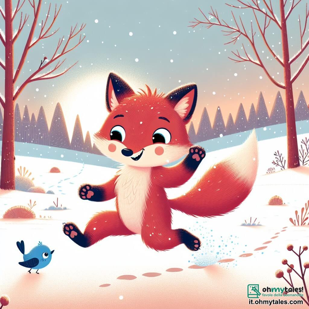Un piccolo volpe di nome Rudi, con un pelo rosso brillante e occhi scintillanti di curiosità, salta gioiosamente in un paesaggio innevato, lasciando dietro di sé impronte nella neve. Ha un grande sorriso sul volto, esprimendo l'eccitazione dell'esplorazione. Vicino a lui, un piccolo uccello blu di nome Pio, posato su un ramo, guarda Rudi con un'aria amichevole e curiosa, le sue piume leggermente arruffate dal vento freddo. Il paesaggio è un magnifico bosco invernale, con alberi spogli coperti di neve scintillante e fiocchi che cadono dolcemente da un cielo grigio chiaro. La scena principale mostra Rudi che gioca felicemente nella neve, mentre Pio lo osserva, creando un'atmosfera di amicizia e avventura invernale, piena di magia e scoperte.