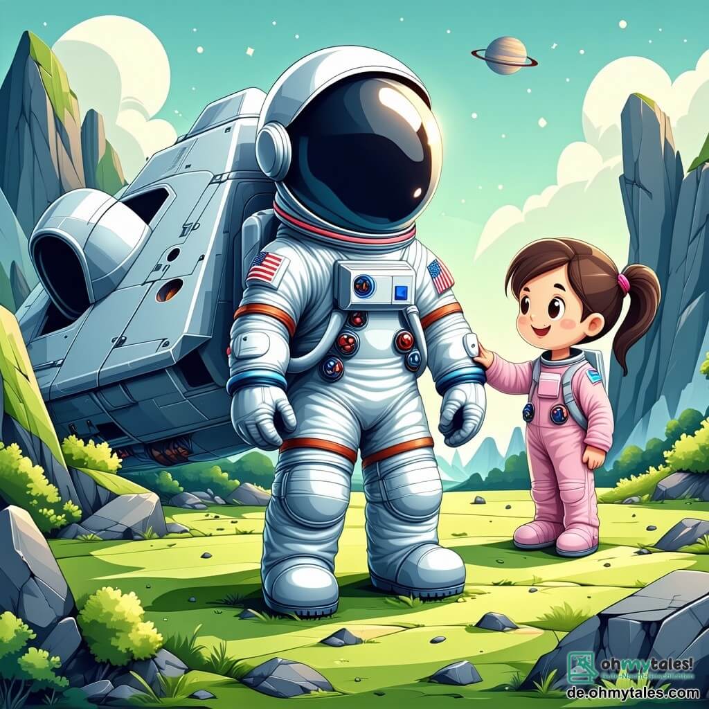 Max, ein Astronaut in den Dreißigern, trägt einen glänzenden silbernen Raumanzug mit einem transparenten Helm, der die Sterne reflektiert. Sein Gesicht zeigt Entschlossenheit und Aufregung, während er vor einem beschädigten Raumschiff steht, bereit, seinen neuen Freunden zu helfen. Neben ihm untersucht eine junge Astronautin, etwa 25 Jahre alt, mit braunen Haaren und Schutzbrille auf der Stirn, konzentriert die Teile des Raumschiffs. Ein älterer Mann, etwa 50 Jahre alt, mit grauem Bart und einem warmen Lächeln, hält einen Schraubenschlüssel und steht hinter Max, bereit zu helfen. Die Szenerie zeigt eine wunderschöne extraterrestrische Landschaft mit grünem Boden, der mit bunten Blumen übersät ist, die im leichten Wind tanzen. Im Hintergrund funkeln Berge unter einem sternenklaren Himmel, wo leuchtende Planeten sichtbar sind, was der Umgebung einen Hauch von Magie verleiht. Die Hauptsituation zeigt Max und seine Freunde, die gemeinsam am Raumschiff arbeiten, was den Teamgeist und das Abenteuer in einem faszinierenden Universum verdeutlicht.