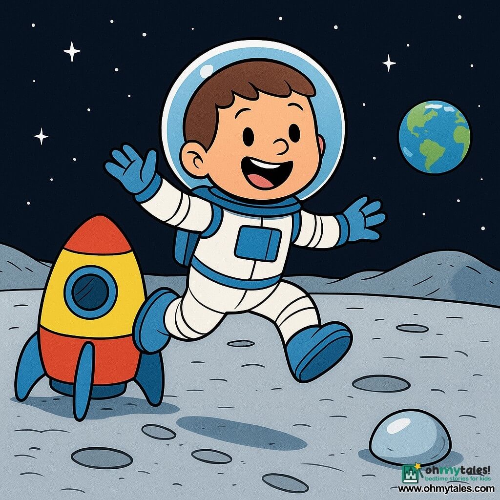 A man named Max with a round face, short brown hair, a big smile and bright eyes wears a white-and-blue spacesuit with a large clear helmet; joyful and amazed, he gently jumps out of a small colorful spaceship onto the Moon surface with one foot in the air and arms open, no other people present, a smooth silvery moon rock sparkles beside his boots, the scene shows the pale gray cracked ground with small rounded hills and crescent footprints under a black starry sky, and the small blue-and-white Earth on the horizon; simple, clear, high-contrast rounded shapes suitable for toddlers.