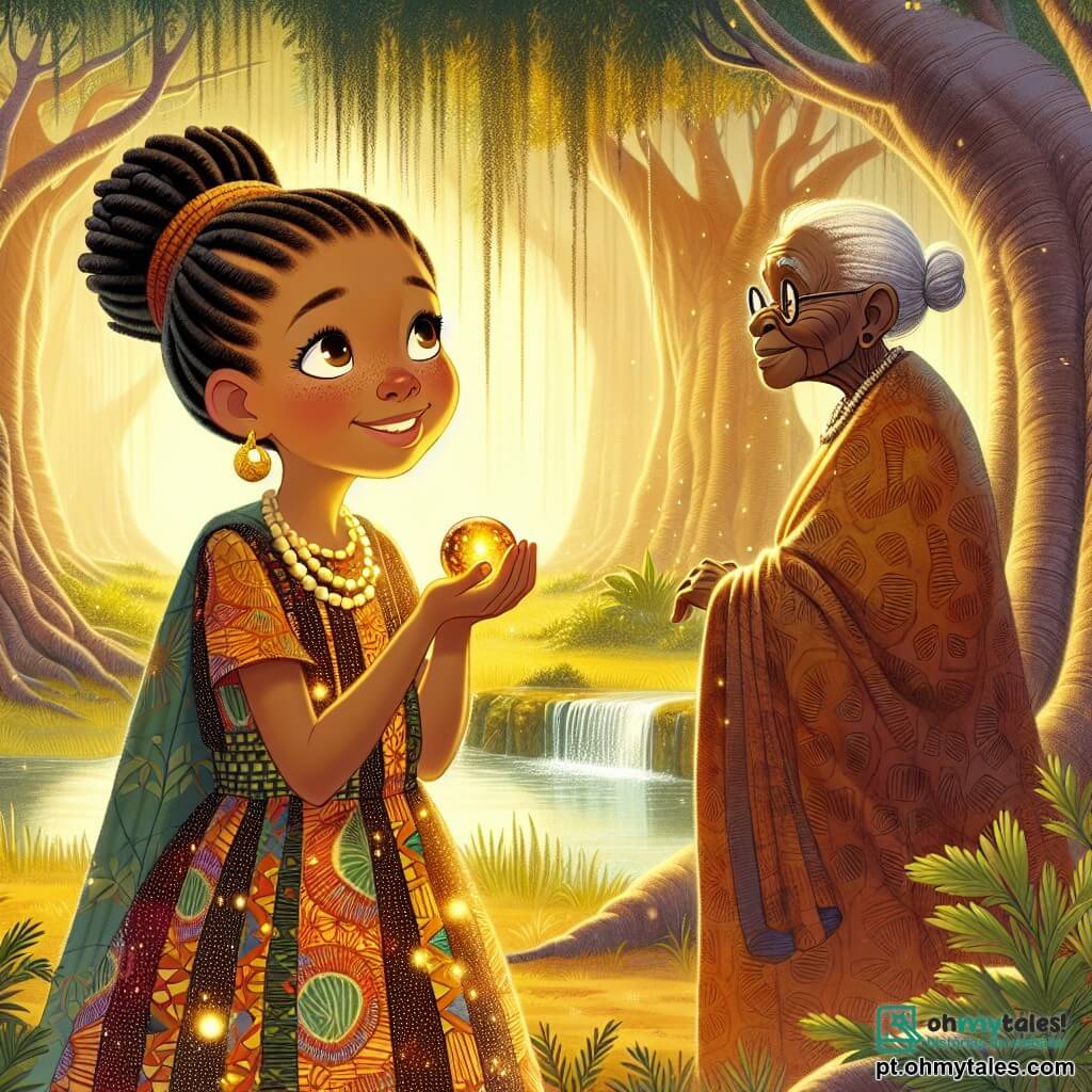 Makena, uma jovem de doze anos, está à beira de uma linda clareira, seu rosto iluminado por um sorriso de curiosidade e admiração. Ela tem longos cabelos negros trançados, olhos brilhantes de alegria e veste um vestido colorido com padrões africanos vibrantes. Em suas mãos, ela segura um amuleto de âmbar que brilha suavemente, simbolizando a sabedoria que adquiriu. Ao seu lado, a Anciã Nyah, uma mulher idosa com a pele enrugada como a casca de um baobá, observa Makena com orgulho. Ela usa um vestido tradicional de cores terrosas e tem cabelos grisalhos presos em um coque. Nyah está ligeiramente recuada, com as mãos cruzadas, emitindo uma aura de sabedoria e calma. O local é uma clareira encantada, cercada por grandes árvores majestosas cujas folhas dançam ao vento. Uma luz suave filtra-se através da folhagem, criando padrões dourados no chão. No centro, uma cascata cintilante cai sobre rochas cobertas de musgo, acrescentando um toque de magia ao ambiente. A cena principal mostra Makena, determinada, dirigindo-se ao misterioso Espírito da Floresta, que aparece como uma silhueta luminosa feita de água e luz. Ela pergunta como restaurar a harmonia na floresta, enquanto a natureza ao redor parece suspensa, ouvindo atentamente a conversa.