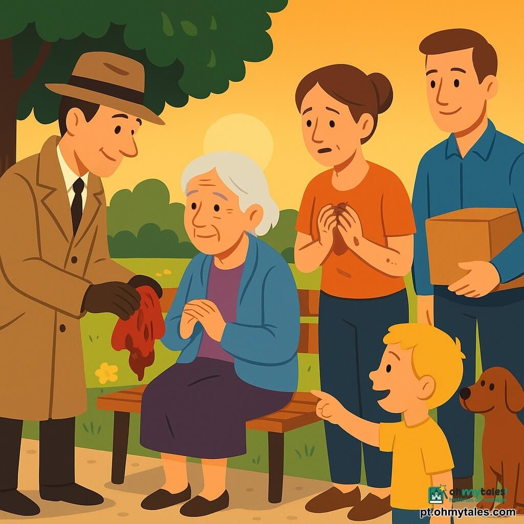 Um detetive de cerca de 40 anos, calmo e sorridente, cabelo castanho curto, sobretudo bege e chapéu, inclinado junto a um banco de madeira mostrando um pequeno lenço vermelho molhado e enlameado com a mão enluvada; uma idosa de cerca de 75 anos, rosto enrugado mas doce, sentada no banco, emocionada e aliviada, segurando o lenço no peito; uma mulher adulta de cerca de 30 anos, cabelo preso, mãos um pouco sujas, em pé ao lado do banco, arrependida e aliviada, olhando para a idosa; um homem alto de cerca de 45 anos com uma caixa de cartão debaixo do braço e um cão castanho aos pés, recuado e sorrindo gentilmente; um menino de cerca de 7 anos, cabelo loiro, apontando para um pequeno lago onde há uma pedra com água avermelhada próxima, em pé perto do detetive; local: parque ao crepúsculo com um grande carvalho de folhagem verde, flores amarelas, caminho de cascalho claro, banco de madeira gasto, pequeno lago com reflexos azuis e juncos; situação: todos reunidos ao redor do banco do carvalho enquanto o detetive devolve o lenço vermelho, atmosfera calorosa, expressões suaves, luz dourada e sombras longas, composição centrada no gesto de entrega; estilo gráfico plano, cores vivas e contrastantes, formas simples, contornos nítidos, ambiente reconfortante e claro para crianças.