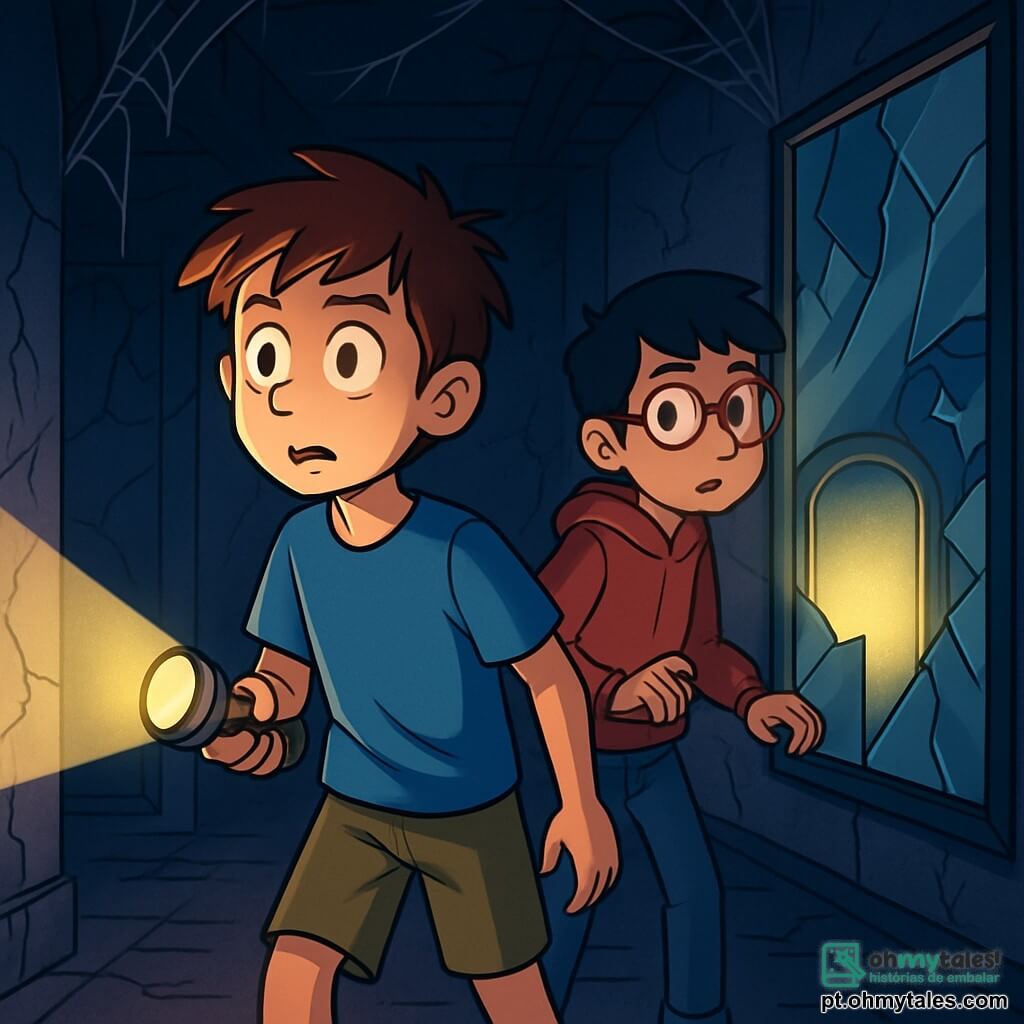 Há 2 personagens principais: João, um garoto de 11 anos com cabelos castanhos bagunçados, vestindo uma camiseta azul e um short caqui, segurando uma lanterna na mão direita, iluminando o caminho à sua frente; e Miguel, um garoto de 11 anos com cabelos pretos e óculos redondos, vestido com um moletom vermelho e jeans, observando ao redor com um ar curioso, um pouco atrás de João. O cenário principal é uma casa de espelhos abandonada, com paredes rachadas e espelhos quebrados que refletem imagens distorcidas. Teias de aranha pendem dos tetos escuros, e uma luz fraca entra pelas fissuras, criando uma atmosfera misteriosa e inquietante. João e Miguel estão parados na entrada da casa de espelhos, enquanto um espelho no fundo da sala começa a brilhar com uma luz estranha. Eles estão prestes a descobrir um segredo oculto, com expressões de curiosidade e apreensão, enquanto uma leve brisa faz as teias de aranha tremularem.