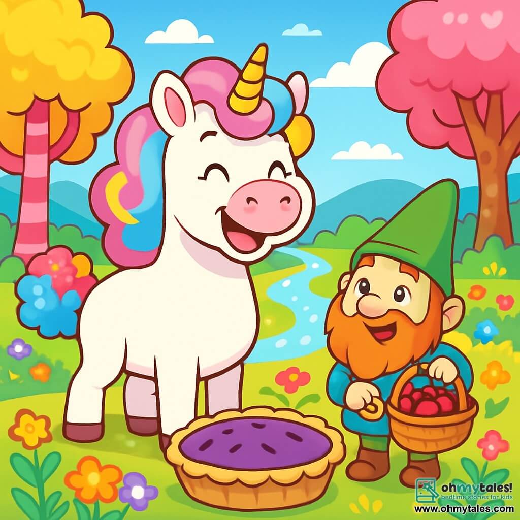 A joyful unicorn named Pompom, with a cotton candy mane in pink, blue, and yellow, stands at the center of the image, radiating happiness. Instead of a tail, she has a colorful pom-pom that squeaks with every movement. Beside her, Wizzle, a small gnome with a red beard and a green pointed hat, gazes at the unicorn with a delighted smile, holding a basket filled with giggleberries. In the background, an enchanting Twinklewood landscape unfolds: candy-trunked trees, sparkling lemonade rivers, and fields of colorful flowers dancing in the wind. The scene depicts Pompom and Wizzle preparing a large giggleberry pie, with laughter and bursts of color filling the air, creating a joyful and magical atmosphere.