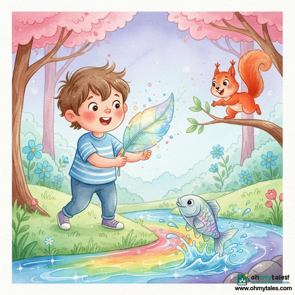 A 4-year-old boy with a round face, rosy cheeks and messy brown hair, smiling in wonder, holds a large sparkling leaf and looks around; nearby to his right Sammy the squirrel with bright reddish fur and gleaming eyes hops on a branch, and in front Finny the fish with a silver, rainbow-tinged body leaps from a colorful river that flows through a fairy forest of pink trees, cyan flowers, mint-green grass and a soft violet sky; in the foreground the rainbow river reflects bright spots and tiny shimmering waves, the mood is bright and magical with watercolor washes and controlled splashes around the leaf, the boy seeming ready to be carried by a light breeze and the shiny leaf as the source of magic with animals close and smiling.