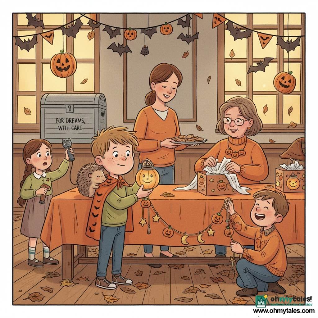 A proud, sweet 6-year-old boy with a round freckled face and tousled light brown hair wears an orange cape with tiny bats and carefully holds a small smiling round lamp being placed into a decorated box while a tender-looking ~33-year-old woman with tied brown hair stands behind him offering a tray of cookies; a volunteer woman of about 50 in an orange sweater with a pumpkin necklace wraps the lamp in shiny tissue at the table; a ~8-year-old boy dressed as a scarecrow laughs while holding one end of a felt garland of pumpkins, stars and moons crouched to the right of the box; a ~7-year-old girl nearby shows a cat-shaped flashlight and a small found button; a small round soft-spined hedgehog sniffs the garland from the main boy’s shoulder with a curious affectionate expression. The scene is inside a town hall decorated for Halloween—paper garlands and bats on the ceiling, warm lights, a wooden table with an orange cloth, scattered dry leaves and a light-gray painted chest labeled “For Dreams, With Care.” Several children and adults gently wrap a colorful garland around the special box containing the smiling lamp, laughing softly in a warm, slightly magical autumn palette (orange, brown, mustard, gray) with clear lines and rounded shapes in a Franco-Belgian comic style, child-friendly composition.