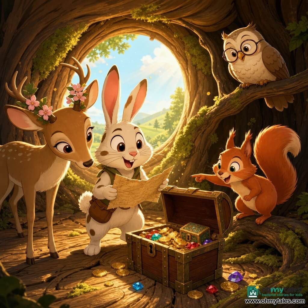 A young adventurous rabbit (main character) — white fur with brown spots, large silky ears, bright round eyes and an amazed smile — holds a crumpled old map and opens a dusty wooden chest with a determined excited posture; a wise beige owl with round glasses perches on a branch above the trunk entrance, head tilted calmly toward the chest; a clever red squirrel with a bushy tail stands on a root to the rabbit's right, tiptoeing and pointing at a pile of coins; a gentle doe with cream fur and flowers in her antlers leans left of the chest, nose near the lid with a tender, kind expression; setting: hollow interior of a large oak on a hill with uneven wooden floor, knotted roots, green moss and golden sunlight filtering through the circular entrance, dust motes in the air; main situation: discovery of hidden treasure — open chest filled with shiny coins, colorful gems and a small ornate box, warm magical atmosphere, surprised joyful expressions, composition centered on the chest with characters in a semicircle; graphic style: saturated colors, soft textures, crisp cel-shaded shadows, welcoming magical mood.