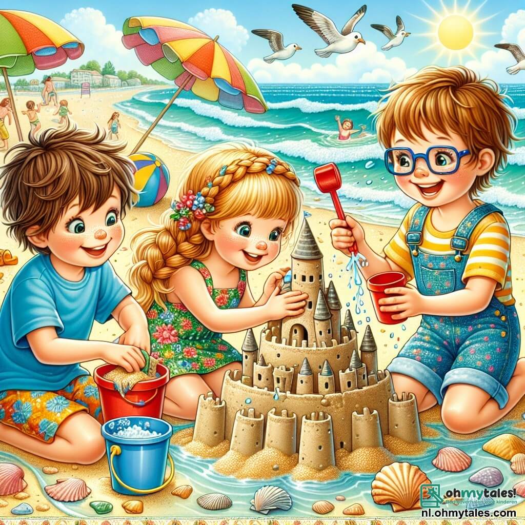 In een vrolijke scène op het strand zijn drie kinderen bij elkaar. Joris, een 10-jarig jongetje met rommelig bruin haar en een blauwe t-shirt, is geconcentreerd bezig met het bouwen van een groot zandkasteel. Naast hem houdt Lotte, een 9-jarig meisje met gevlochten blond haar en een kleurrijke bloemenjurk, een hartvormige schelp vast die ze net heeft gevonden, met een verwonderde glimlach. Sam, een 10-jarige jongen met een bril en kastanjebruin haar, giet water over het kasteel met een rode emmer en lacht om de situatie. Op de achtergrond baadt het strand in stralend zonlicht, met zachte golven die op het gouden zand breken. Kleurrijke parasols en gezinnen genieten van de dag, terwijl meeuwen door de blauwe lucht vliegen. De hoofdscène laat de kinderen zien die samenwerken om het mooiste zandkasteel te creëren, omringd door schelpen en strandspeelgoed, wat vriendschap en de vreugde van de zomervakantie symboliseert.