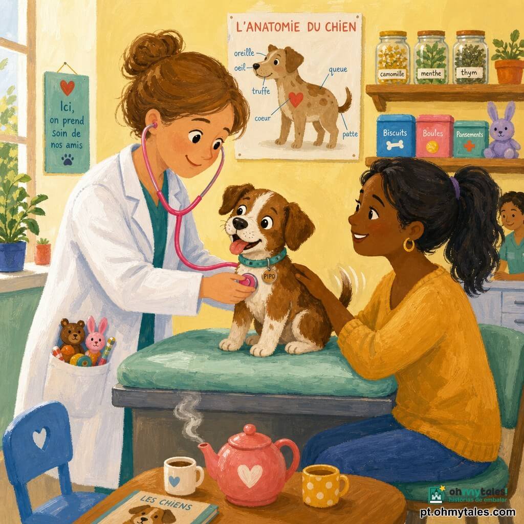 Uma veterinária sorridente e meiga, cabelo castanho-claro preso em coque, jaleco branco com bolsos cheios de brinquedos, apoia um pequeno estetoscópio rosa no peito do filhote com expressão atenciosa e postura calma; Pipo, filhote pequeno, castanho com manchas brancas, rabo abanando, olhos redondos e curiosos, sobre uma mesa de exame almofadada cor menta, língua entre bocejos; a dona, mulher de ~28 anos, cabelo preto em rabo de cavalo, sorriso tranquilo, sentada ao lado acariciando o filhote e olhando para a veterinária; clínica veterinária luminosa, paredes amarelo-pastel, prateleiras de madeira com frascos de ervas e caixas coloridas, pôster infantil de anatomia canina, cadeira azul e uma chaleira fumegante numa mesa baixa; cena de consulta terna, veterinária escuta o coração do filhote enquanto a proprietária segura sua pata, atmosfera quente, texturas de gouache, pinceladas suaves e luz suave filtrada pela janela.