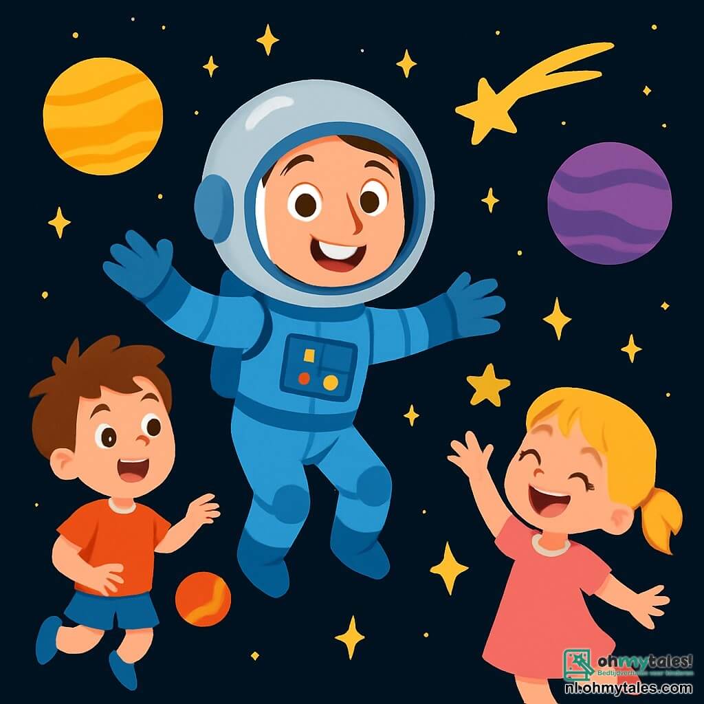 Een astronaut, een glimlachende vrouw met een grote zilveren helm en een blauwe ruimtepak, zweeft vrolijk in de ruimte, omringd door schitterende sterren en kleurrijke planeten. Ze heeft sprankelende ogen van nieuwsgierigheid en een stralende glimlach die haar enthousiasme toont. Dichtbij kijkt een 6-jarig jongetje, Sam, met rommelig bruin haar en een rode t-shirt, verwonderd toe. Hij hangt in de lucht en houdt een klein balletje vast dat naast hem zweeft. Een 5-jarig meisje, Lisa, met blonde staartjes en een roze jurk, probeert blije vallende sterren te vangen en lacht van vreugde. De scène speelt zich af in de uitgestrektheid van de ruimte, met een zwarte achtergrond vol heldere sterren en levendige planeten zoals geel en paars in de verte. De hoofdactie toont astronaut Anna en de kinderen die samen in de ruimte spelen, zwevende objecten vangen en lachen, wat een sfeer van geluk en avontuur creëert.