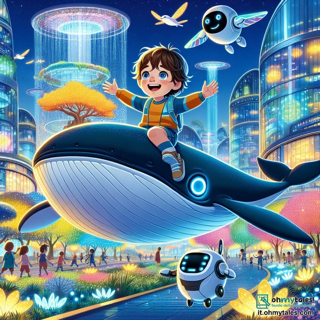 In un parco futuristico di Lumilandia, un bambino di tre anni di nome Luca, con i capelli castani arruffati e un sorriso splendente, è seduto sulla schiena di un'enorme balena volante. Accanto a lui, il suo amico robotico Robi, un robot dalle forme arrotondate e dagli occhi luminosi, fluttua gioiosamente nell'aria, con le braccia aperte. Insieme osservano il paesaggio colorato della città sottostante. Il parco è pieno di fiori luminescenti dai colori vivaci e alberi con foglie scintillanti che si ergono verso il cielo. Balene volanti con ali brillanti danzano nell'aria, creando un'atmosfera magica. Sullo sfondo, case futuristiche con facciate di vetro e luci lampeggianti si estendono a perdita d'occhio, mentre i bambini giocano con i robot nei vialetti. La scena principale mostra Luca e Robi mentre vivono un'avventura incredibile, sorvolando Lumilandia, meravigliati dalla bellezza della loro città futuristica, circondati da lampi di luce e colori vivaci.