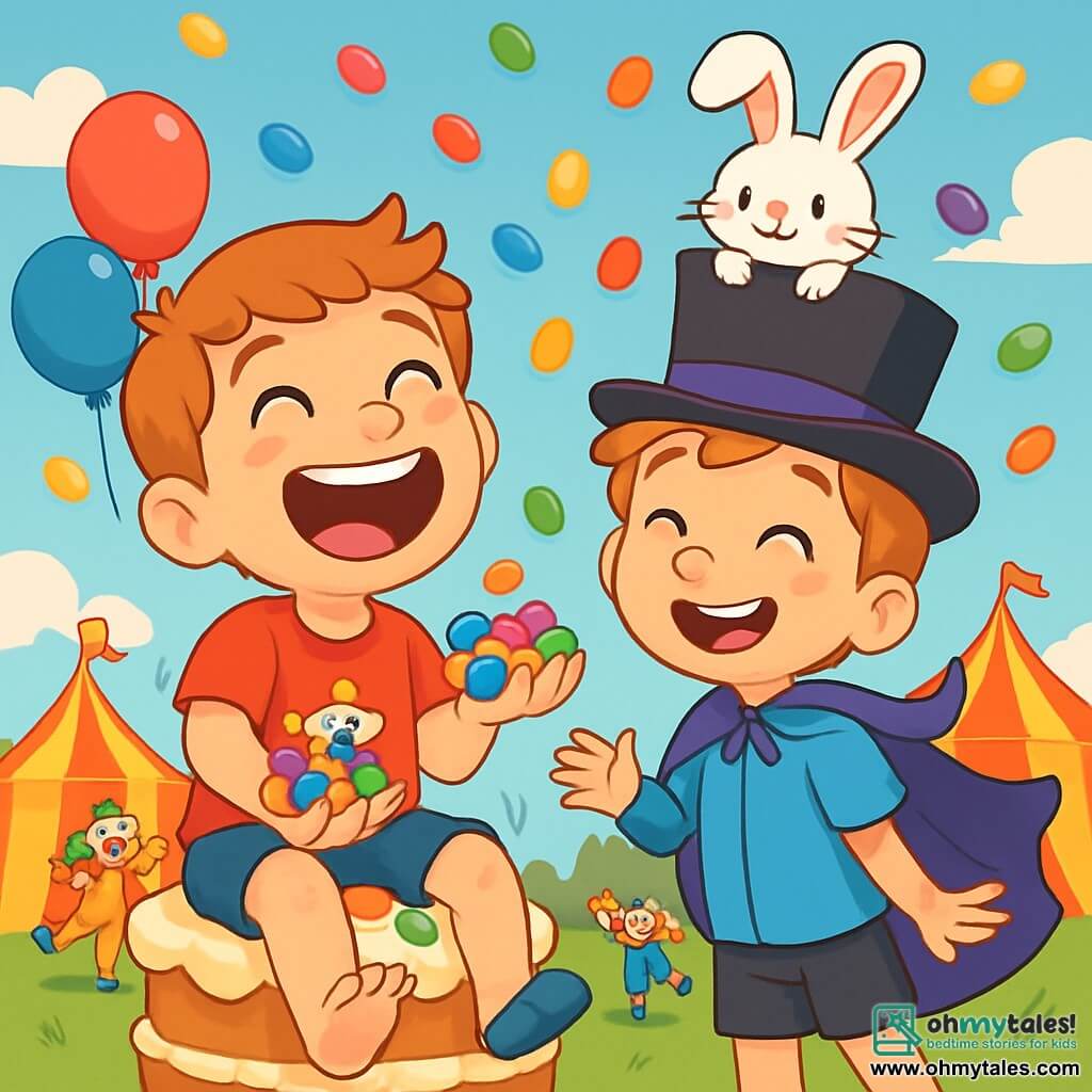 A 6-year-old boy, Benji, with big bright round eyes, a beaming smile, and rosy cheeks, is wearing a red t-shirt with a small clown drawing and blue shorts. He is laughing heartily, sitting on a large cream cake, with his hands full of colorful candies. Next to him, Max, also 6 years old, wearing a purple cape and a top hat, holds a small white rabbit named Sprinkles on his head, both smiling joyfully. In the background, a red and yellow circus tent, with floating balloons and dancing clowns, creates a festive and colorful atmosphere. The scene depicts Benji and Max celebrating the magical moment of candies falling from the sky, filling the air with bright colors and cheerful laughter.
