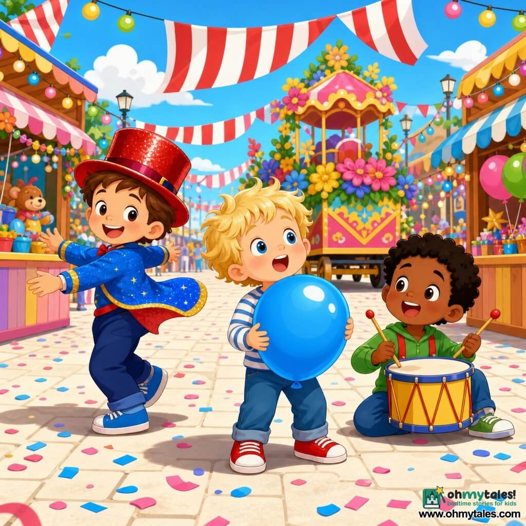 Three boys at a colorful carnival street: Max, 6, short brown hair, shiny red hat, on the left spinning and smiling; Leo, 5, tousled blond hair, slightly forward in the center holding a large blue balloon high, red shoes and a look of wonder; Sam, 5, black hair on the right, seated or crouched, playing a small yellow drum with sticks and mouth open as if singing; striped red-and-white banners overhead, pastel wooden stalls, round string lights, light paved ground with pink and blue confetti, and a large flower-decorated float in the background, joyful atmosphere and vivid colors.