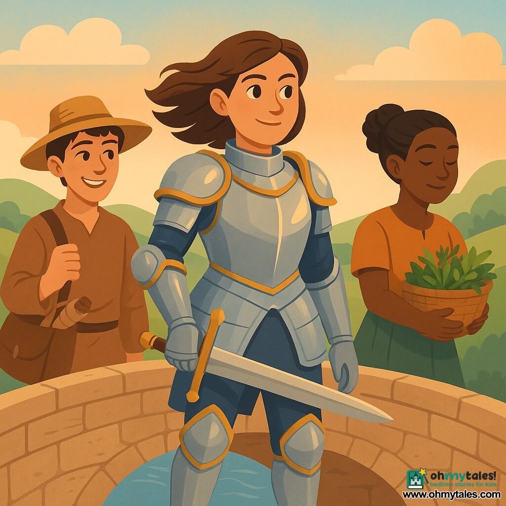 In the center of the image is a knightess, Dame Elowen, wearing a gleaming armor reflecting the setting sun. She has a determined and kind face, with brown hair flowing in the wind. She holds a sword, lowered as a sign of peace. Beside her, Jory, a young man around 25, wears a straw hat and a shoulder bag filled with maps. He smiles mischievously while holding a rope. Mira, a 20-year-old woman, stands nearby, holding a basket of medicinal plants with a focused and calming demeanor. They are on a recently repaired stone bridge, surrounded by green hills and a pastel-colored sky. The main scene depicts the united trio, ready to face the next challenge, with the bridge symbolizing their collective success and the strength of their friendship.