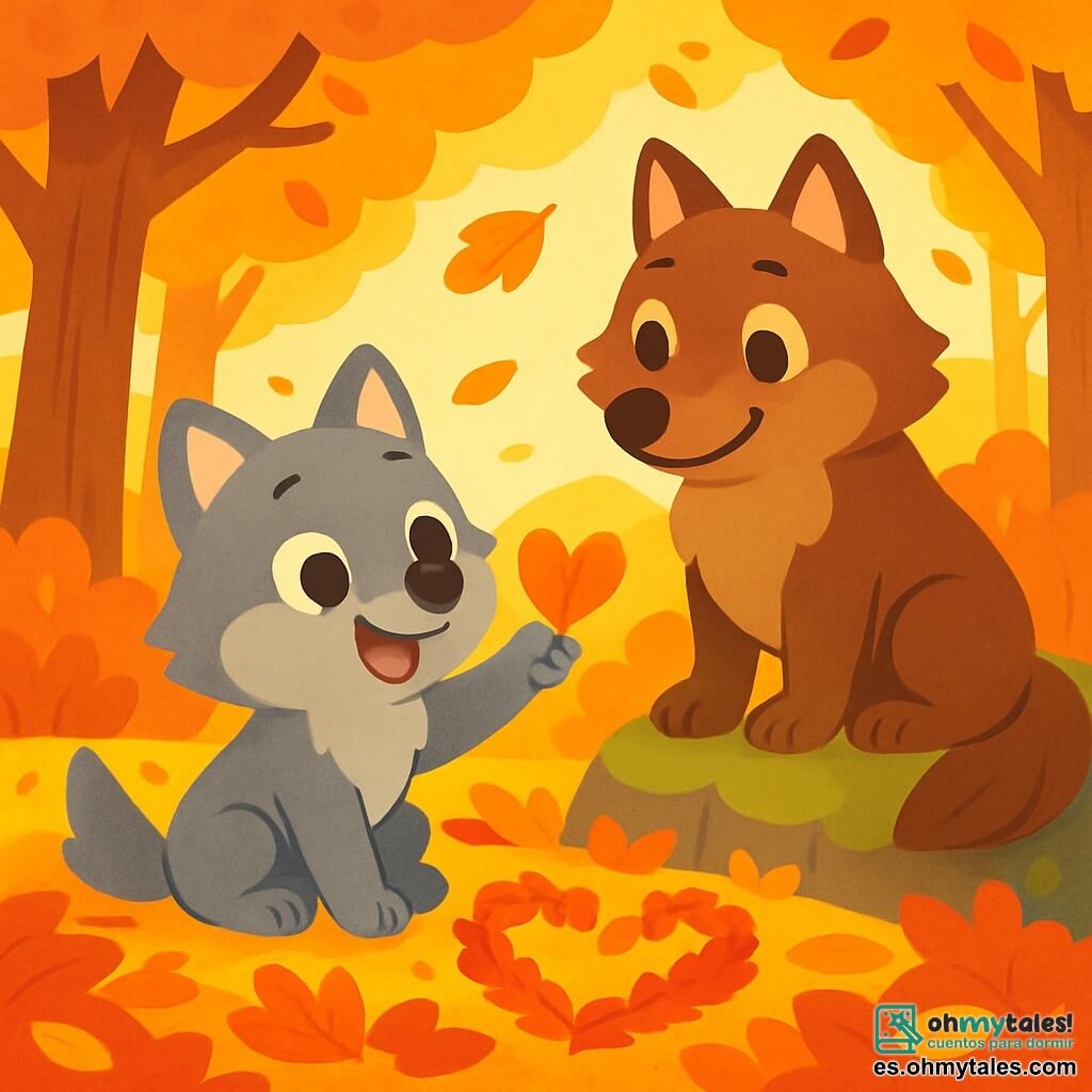 Un pequeño lobo de ojos brillantes y pelaje suave y gris, sonriente con asombro, está sentado sobre una alfombra de hojas de otoño de colores vivos, rojas y amarillas. Recoge delicadamente una hoja en forma de corazón, con las patas estiradas con alegría. A su lado, su mamá, una gran loba de pelaje marrón y ojos cálidos, mira a su pequeño con ternura, sentada sobre una roca cubierta de musgo, sonriendo con orgullo. El lugar es un bosque encantado, bañado en luz dorada, con majestuosos árboles de hojas ardientes y una suave brisa que hace danzar las hojas en el aire. La escena principal muestra al pequeño lobo creando un corazón con hojas coloridas, rodeado de la belleza del otoño, lleno de felicidad y emoción.