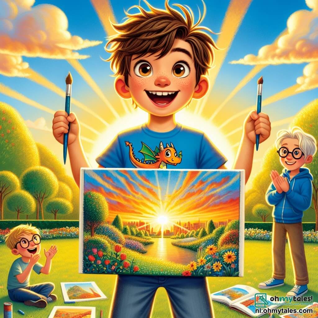 Een 11-jarige jongen, Finn, staat in het midden van de afbeelding, met een stralende glimlach en ogen vol opwinding. Hij heeft rommelig bruin haar en draagt een kleurrijk T-shirt met een draak erop. Finn toont trots zijn grote schilderij, dat een prachtige zonsondergang weergeeft, aan zijn vrienden. Rechts van hem staat Jasper, een 12-jarige jongen met blond haar en ronde bril, enthousiast applaudisserend met sprankelende ogen. Hij draagt een blauwe hoodie en steekt zijn armen omhoog om Finn aan te moedigen. Op de achtergrond baadt het park Zonneland in gouden licht, met grote groene bomen, kleurrijke bloemen en een helderblauwe lucht met donzige witte wolken. Kinderen spelen vrolijk op het gras, wat een feestelijke sfeer aan de scène toevoegt. De hoofdscène toont Finn, vol zelfvertrouwen, die zijn kunstwerk met zijn vrienden deelt, wat het thema van zelfvertrouwen en vriendschap illustreert.