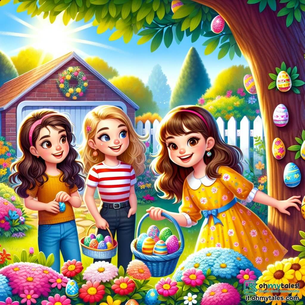 In un giardino colorato, quattro ragazze sono riunite per una caccia alle uova di Pasqua. Emma, una ragazza di 12 anni con capelli ricci e un grande sorriso, tiene un cestino pieno di uova decorate e guarda le sue amiche con eccitazione. Chiara, anche lei di 12 anni, ha capelli lunghi e lisci e indossa un vestito giallo; si china su un'aiuola di fiori, scoprendo un uovo blu nascosto tra i petali. Sofia, un'altra ragazza di 12 anni con capelli castani e occhiali, sta frugando nel garage, il suo viso illuminato dalla scoperta di un uovo dorato. Martina, l'ultima ragazza di 12 anni, ha capelli castani e indossa una maglietta a righe; si trova vicino a un grande albero, tenendo un indizio scritto su un foglio colorato. Il giardino è pieno di fiori vivaci, alberi verdi e un cielo blu chiaro, creando un'atmosfera gioiosa e festiva. I raggi del sole illuminano la scena, aggiungendo un tocco magico a questa giornata di Pasqua. Le ragazze ridono e si incoraggiano, condividendo momenti di felicità mentre cercano le uova nascoste in questo luogo incantevole.