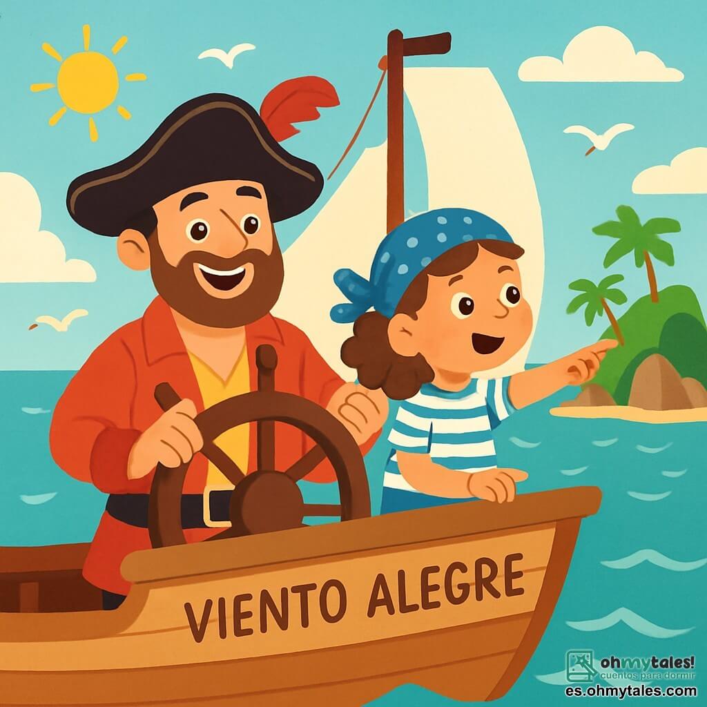 Un pirata alegre, un hombre de unos 30 años, con un gran sombrero negro adornado con una pluma roja, una sonrisa brillante y una barba marrón, está en la cubierta de su barco, el "Viento Alegre". Sostiene firmemente el timón, con los ojos brillantes de emoción y determinación. A su lado, una niña de 8 años, con cabello rizado y un pañuelo azul, observa el mar con asombro. Lleva una camisa a rayas y un pantalón corto de tela, y señala una isla a lo lejos. El barco navega por aguas turquesas, rodeado de olas brillantes bajo un cielo soleado, con gaviotas volando arriba. En el fondo, se dibuja una isla misteriosa, cubierta de palmeras verdes y rocas escarpadas. La escena muestra al pirata y a la niña en plena aventura, listos para descubrir un tesoro escondido en la isla, con expresiones de alegría y anticipación en sus rostros.