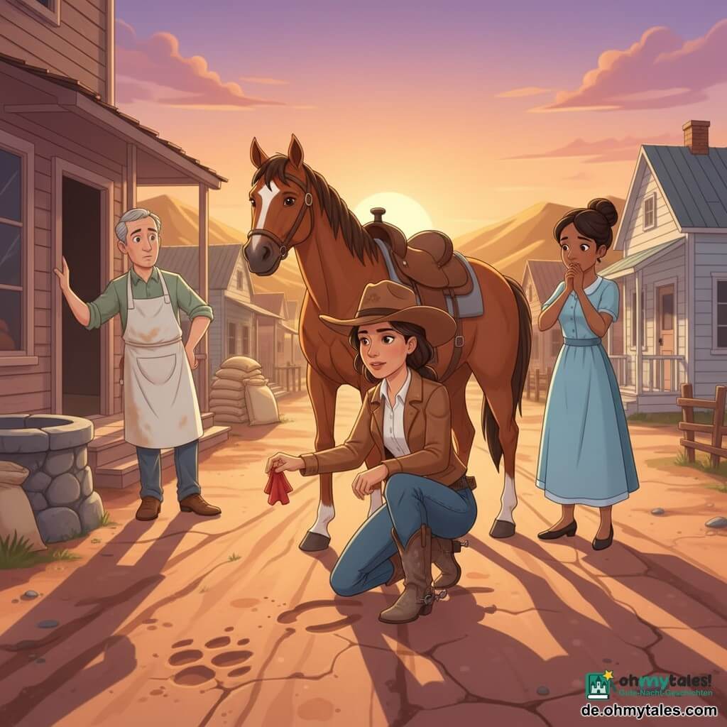 Eine Cowgirl namens Lena kniet in staubiger Präriestraße bei Sonnenuntergang, trägt braunen Filzhut, braune Lederjacke, Jeans und staubige Stiefel, untersucht entschlossen Rad- und Hufspuren und hält ein kleines rotes Tuch; hinter ihr steht ihr Fuchs Sternchen mit großer weißer Stirnzeichnung und heller Ledersattel ruhig dicht bei ihrer Schulter; links steht ein etwa 45-jähriger Bäcker mit bemehlter Schürze besorgt in der Tür seiner Holzbackstube, rechts eine etwa 30-jährige Lehrerin mit Dutt und einfachem Kleid, Hand vor dem Mund; umgeben von blass gestrichenen Holzhäusern, Mehlsäcken, einem steinernen Brunnen und goldenen Hügeln — Lena ist bereit, aufzusteigen, um den verschwundenen Wasserwagen zu suchen.