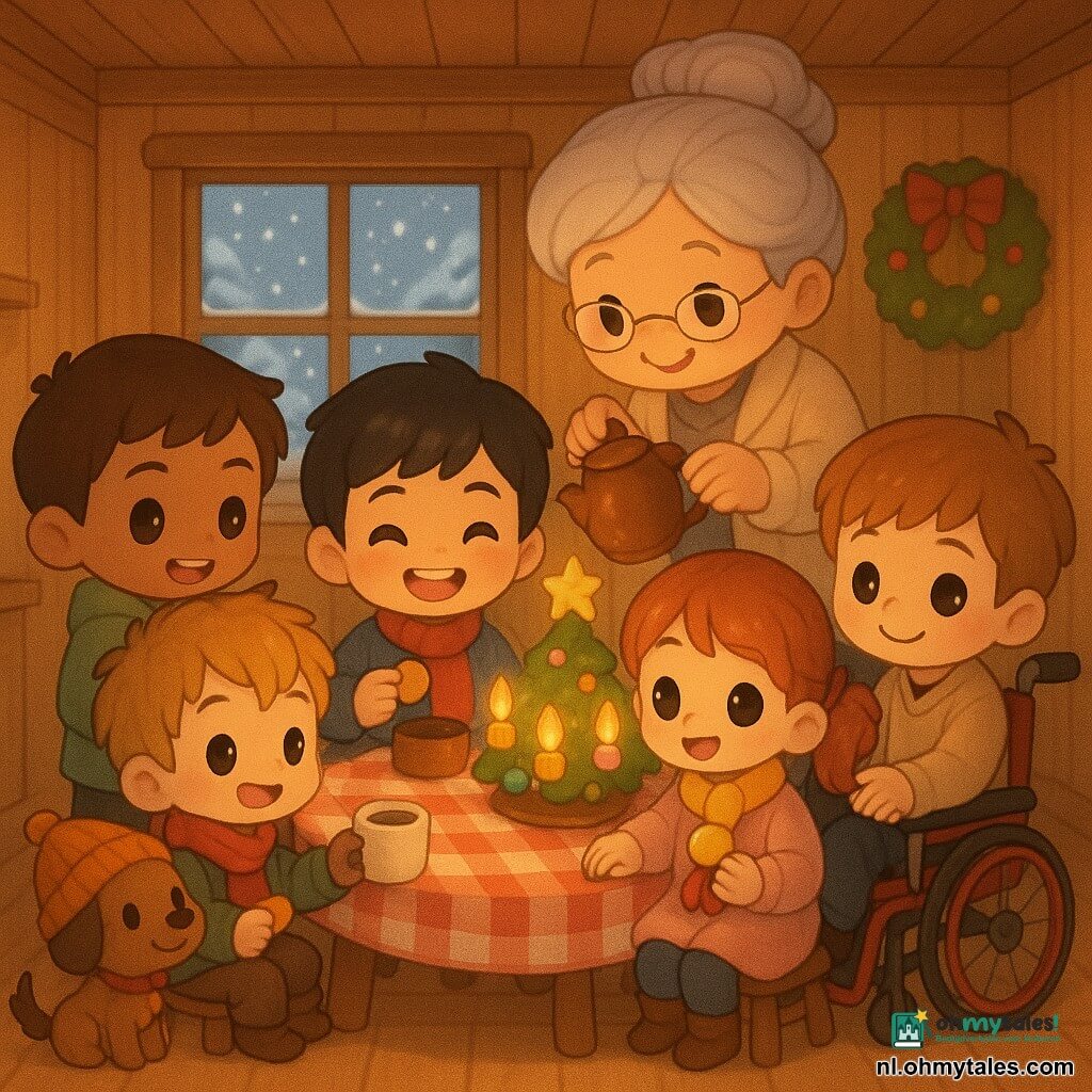 Er zijn zeven personen: Noor, jongen ±7 jaar, kort bruin haar, lichtgroene jas, links van de tafel die glimlacht en een warme beker naar het midden reikt; Bram, jongen ±7 jaar, rommelig blond haar, rode sjaal, rechts van Noor zittend met een koekje in zijn rechterhand; Timo, jongen ±7 jaar, glad zwart haar, blauwe trui, links van het midden zittend en breed glimlachend; Jesse, jongen ±7 jaar, lichtbruin haar, in een rode rolstoel vooraan rechts van de tafel die zacht de hand van Lotte vasthoudt; Lotte, meisje ±7 jaar, rood haar in vlechtjes, lichtroze jas, naast Jesse links van de rolstoel zittend met een klein glanzend belletje aan haar sjaal; Oma, oudere vrouw met grijs haar in een knot en crèmevest, achter de tafel bij het raam die warm chocolademelk inschenkt; en een klein bruin hondje met een schuin gebreid mutsje dat bij Brams stoel op de grond zit en kwispelt. Plaats: gezellige lage keuken/woonkamer met lichte houten muren, ronde gelakte houten tafel met rood-wit geblokte tafelkleed, kleine kerstboom op een bijzettafel, kaarsen op de tafel en een beslagen raam waar buiten sneeuw valt. Situatie: intieme, warme kerstsfeer waarin de kinderen en Oma warme dranken en koekjes delen rond de tafel, met stoom uit de kopjes en zacht goudkleurig licht.