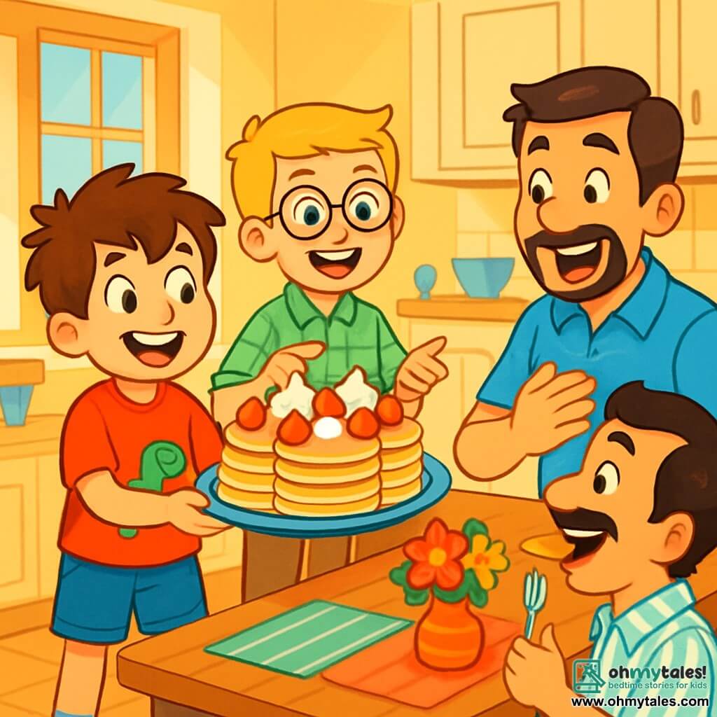 There are 4 characters: Max, an 8-year-old boy with messy brown hair and sparkling eyes, wearing a red t-shirt with a dinosaur print and blue shorts, standing with a large tray of pancakes topped with strawberries and whipped cream. Leo, also 8, has blond hair and round glasses, wearing a green plaid shirt and beige pants, stands next to Max, smiling and enthusiastically pointing at the tray. Max's father, about 35, has brown hair and a light beard, wearing a blue t-shirt and jeans, sitting on a chair, surprised and happy, eyes wide as he looks at the boys. Leo's father, around 40, has black hair and a mustache, wearing a striped shirt and black pants, also seated, laughing joyfully with a fork ready to taste the pancakes. The setting is a bright and welcoming kitchen with yellow walls and sunlight streaming through the windows. A wooden table is covered with colorful napkins, and flowers in a vase add freshness. The tiled floor has scattered kitchen utensils, reflecting the excitement of pancake preparation. The main scene shows the boys surprising their fathers with a huge tray of decorated pancakes, all smiling and filled with joy, while the fathers are amazed, creating an atmosphere full of laughter and happiness, capturing the spirit of Father's Day.