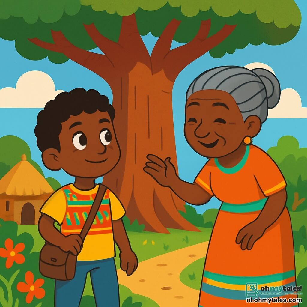 Een jonge jongen genaamd Samba, ongeveer 10 jaar oud, staat onder een enorme baobab, zijn ogen stralend van vastberadenheid en nieuwsgierigheid. Hij heeft een warme bruine huid, krullend haar en draagt een kleurrijk t-shirt met Afrikaanse patronen. Samba houdt een kleine schoudertas vast, klaar om op avontuur te gaan. Naast hem geeft zijn wijze grootmoeder van ongeveer 70 jaar, met gevlochten grijs haar en een vriendelijke glimlach, hem advies. Ze draagt een traditionele jurk in felle kleuren en staat iets gebogen, alsof ze het gewicht van de wijsheid van de wereld draagt. De locatie is een pittoresk Afrikaans dorp met lemen huizen met rieten daken, omringd door groene velden en schitterende bloemen. De lucht is helderblauw met donzige witte wolken. Samba, met een vastberaden blik, bereidt zich voor om op zoek te gaan naar de verdwenen grote trommel, terwijl de grootmoeder hem aanmoedigt met een gebaar van haar hand, wat een sfeer van avontuur en magie creëert.