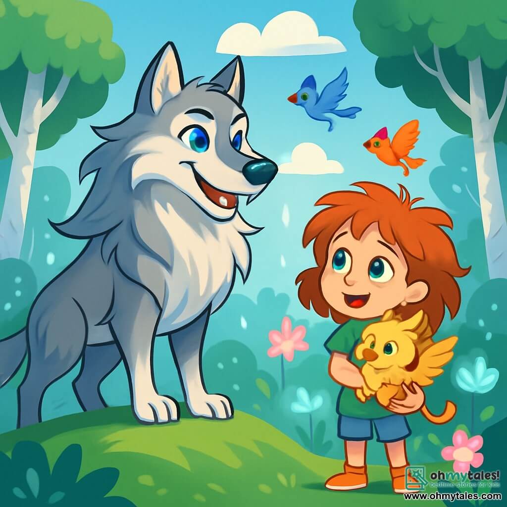A majestic werewolf with silver fur and sapphire blue eyes stands on a green hill, the wind blowing through its fur. Its expression is both curious and friendly, with a slight smile revealing sparkling fangs. Beside it, Seraphina, a ten-year-old girl with tousled hair and sparkling green eyes, watches the werewolf in awe, holding a small golden griffin in her arms. The setting is an enchanted clearing surrounded by silver-trunked trees and softly glowing luminescent flowers. Fluffy clouds float above, and colorful birds fly around, adding a touch of magic to the environment. The main scene depicts Seraphina and the werewolf meeting for the first time, a moment of discovery and budding friendship as they prepare to explore the mysteries of the kingdom of Lumoria together.