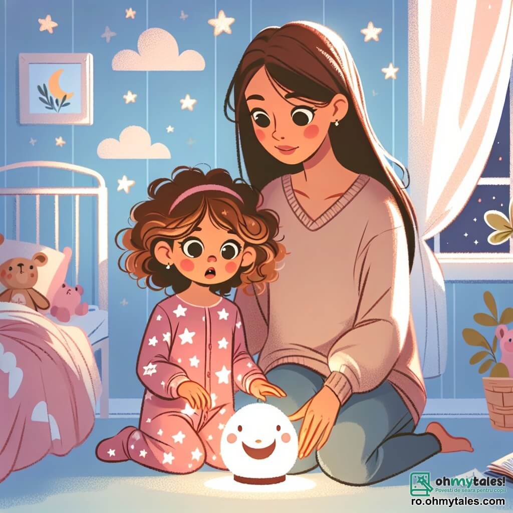 O fetiță de 2 ani, cu ochi mari și strălucitori și cu părul creț, stă în centrul camerei, cu o expresie de ușoară frică amestecată cu curiozitate. Ea poartă un pijama roz cu stele și privește o mică lampă de noapte în formă de lună care luminează ușor camera. Lângă ea, mama ei, o femeie de aproximativ 30 de ani cu părul lung și drept, zâmbește cu blândețe în timp ce se apleacă la înălțimea ei. Ea poartă un pulover moale și confortabil și ține în mâini o carte de povești, pregătită să i-o citească fiicei sale. Scena are loc într-o cameră de copil călduroasă, cu pereți vopsiți în albastru deschis, jucării de pluș împrăștiate pe podea și perdele cu modele de nori. O lumină blândă emană de la lampa de noapte, creând o atmosferă reconfortantă. Situația principală arată fetița, puțin îngrijorată din cauza întunericului, dar confortată de prezența mamei și de lumina lampii, în timp ce se pregătește să asculte o poveste care îi va alunga frica de întuneric.