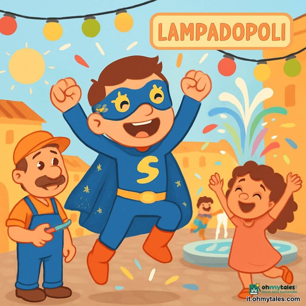 Un supereroe uomo di nome SuperLampo, con un mantello blu scintillante e una maschera stellata, si trova al centro della scena, con gli occhi brillanti di eccitazione e un grande sorriso. Sta saltando gioiosamente, circondato da luci colorate che brillano intorno a lui. Alla sua destra, una bambina di circa 7 anni, con i capelli ricci e un vestito rosa, ride alzando le braccia, meravigliata dalle luci della fontana. A sinistra, un uomo di mezza età, l'elettricista, con un cappellino e una salopette, osserva la scena con un sorriso divertito, tenendo un attrezzo in una mano. La scena si svolge in una piazza animata di Lampadopoli, dove lanterne colorate illuminano i ciottoli e una grande fontana al centro spruzza acqua scintillante sotto il sole. I bambini giocano intorno, ridendo e ballando, mentre le lanterne danzano attorno a loro. SuperLampo cerca di sincronizzare le luci della fontana, provocando risate e giochi di colori, mentre le lanterne si animano intorno a lui, creando un'atmosfera gioiosa e festosa.