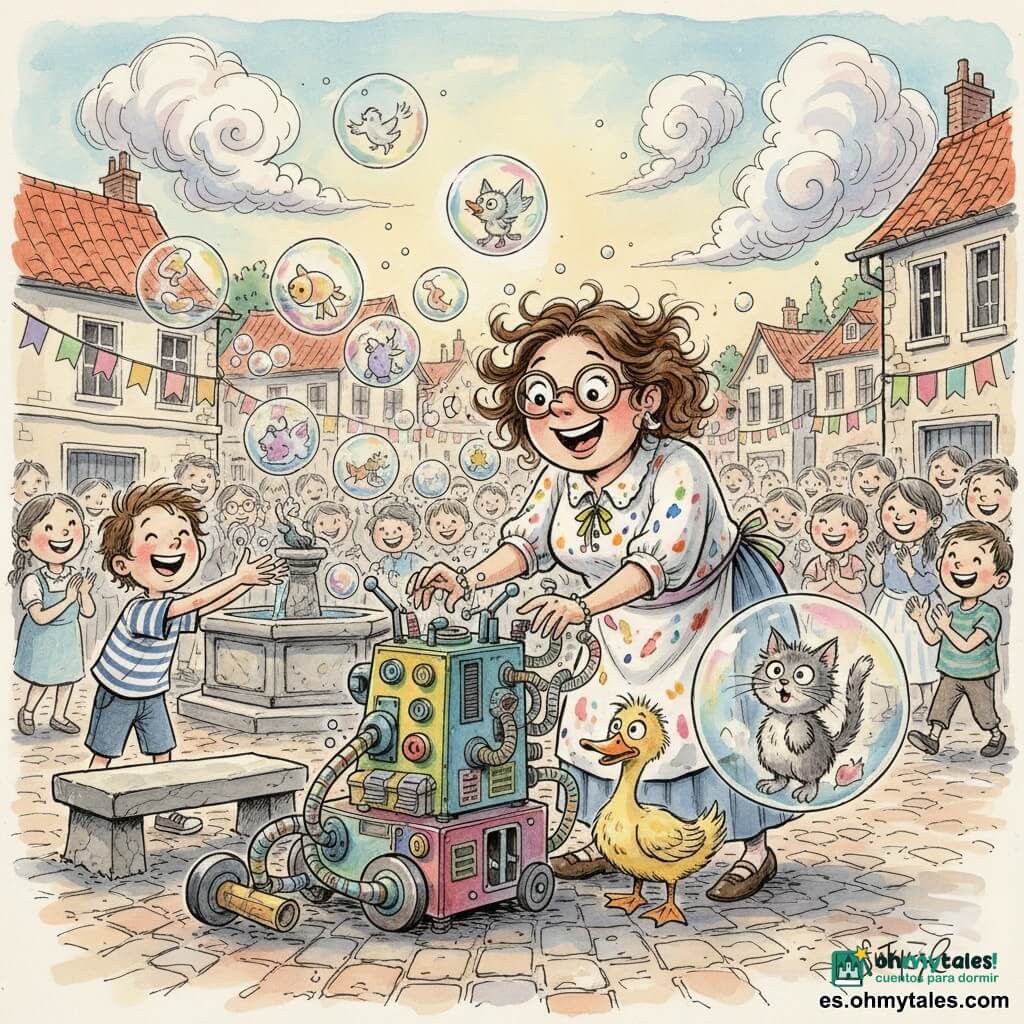 Una inventora llamada Clara, sonriente y asombrada, con cabello rizado y despeinado, grandes gafas redondas y bata manchada de pintura con lazos, inclina sobre una máquina de metal colorido que lanza burbujas de jabón irisadas; a la izquierda un niño de unos 8 años de pelo castaño y camiseta a rayas ríe y trata de alcanzar las burbujas; en el centro‑derecha un gatito gris de ojos grandes flota dentro de una burbuja gigante; junto a una fuente de piedra hay un pato amarillo de plumaje despeinado, curioso y divertido. La plaza empedrada, rodeada de casas de tejas rojas y banderolas, tiene una gran fuente, cielo con nubes tipo algodón de azúcar y luz suave de tarde; la máquina crea burbujas que a veces adoptan formas de animales, la gente —niños y adultos— sonríe y aplaude, ambiente alegre y algo caótico, composición dinámica con toques de color sobre un fondo negro fluido.