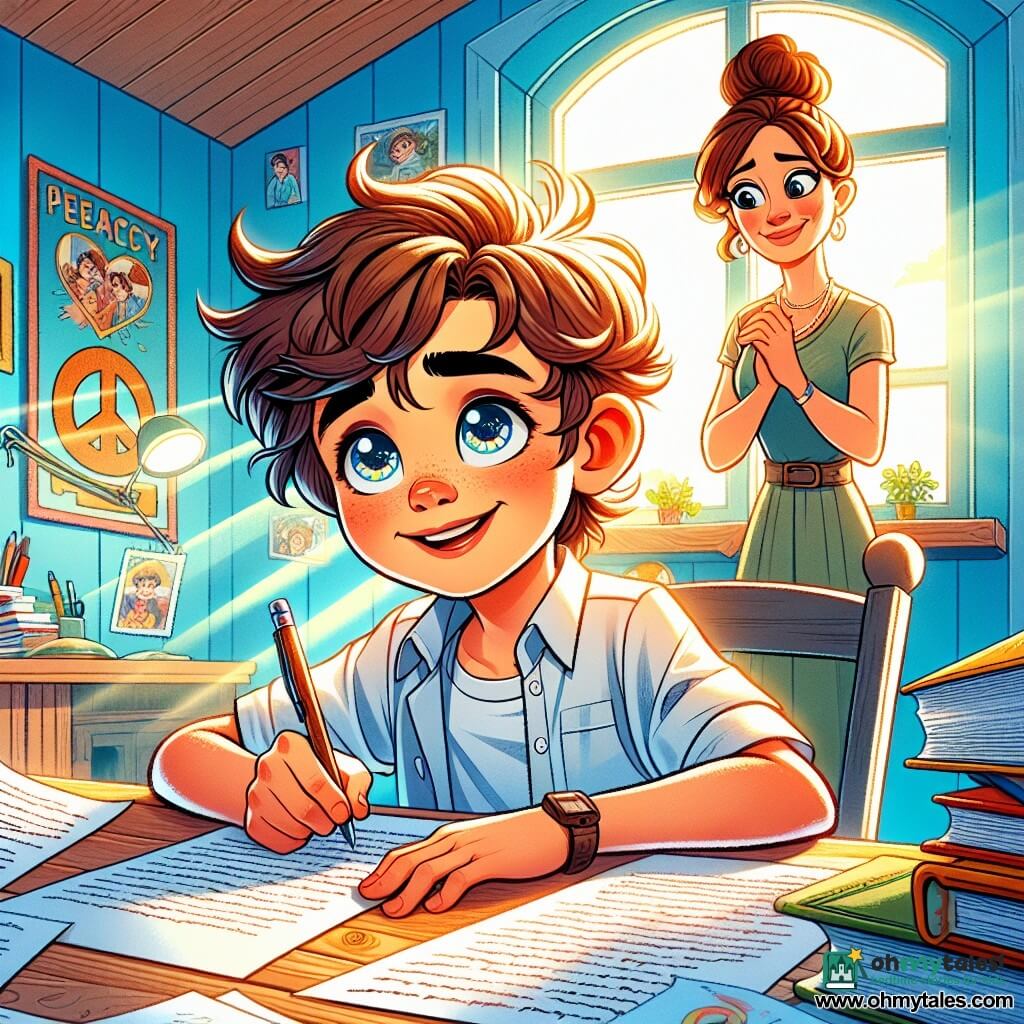 A 10-year-old boy, Alex, with messy brown hair and sparkling curious eyes, is sitting at a wooden desk surrounded by sheets of paper. He has a look of wonder on his face, holding a pen in one hand and an old book in the other, immersed in writing a letter. Next to him, his mother, a woman in her thirties with brown hair tied in a bun, watches him proudly, hands on her hips and a gentle smile on her lips. The scene takes place in a bright room with light blue walls, shelves filled with colorful books, and a large peace poster on the wall. A ray of sunlight filters through the window, illuminating the desk and creating a warm and welcoming atmosphere. Alex is writing a letter inspired by his grandfather, surrounded by family memories, with a determined expression on his face, ready to share his dream of peace with the world.