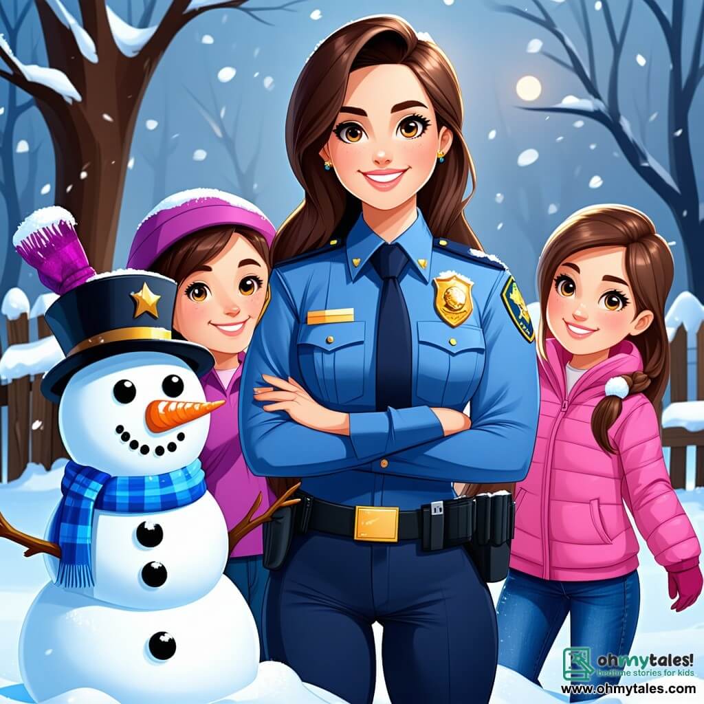 A smiling police officer, Officer Emily, is at the center of the image, with sparkling eyes of determination and a bright blue uniform. She holds a notebook in one hand while raising the other in greeting. Next to her, a group of three children, two girls and a boy, are building a snowman. The girl with brown hair, wearing a purple hat, smiles joyfully, while the blonde boy, dressed in a red scarf, looks at Officer Emily with admiration. The third girl, with braids, is playfully throwing snow in the air. The setting is a winter park, with snow-covered trees and a clear blue sky. Snowflakes are gently falling, adding a magical touch to the scene. In the background, the Cozy Corner bakery is visible, with warm lights shining through the windows. The main situation shows Officer Emily explaining to the children that she is solving a mystery of missing mittens, while they listen attentively, their eyes wide with excitement.