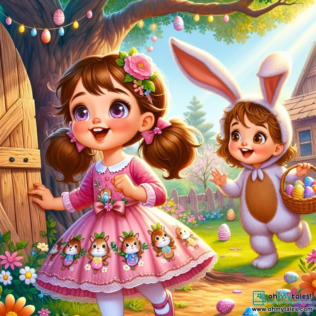 A 10-year-old girl, Lila, with brown pigtails and a pink dress adorned with little rabbits and flowers, stands in front of a large oak tree, her eyes sparkling with excitement and a radiant smile on her face. Next to her, her 5-year-old brother Max wears an oversized bunny costume with ears flopping over his eyes, joyfully hopping while holding a basket filled with colorful eggs. The setting is a sunny garden filled with vibrant flowers and Easter decorations, with brightly colored garlands fluttering in the wind. In the background, an old wooden shed is slightly open, revealing glimpses of light. The main scene shows Lila and Max discovering a magical box filled with shiny eggs and a mysterious note, surrounded by an atmosphere of joy and adventure, ready to embark on a search for hidden Easter treasure.