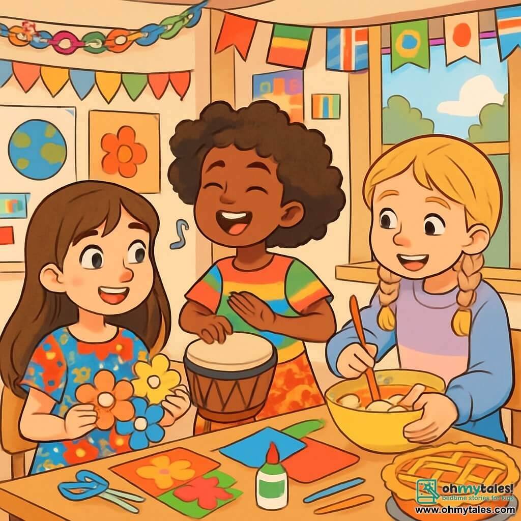 There are three characters: - Sofia: a 9-year-old girl with long brown hair and sparkling eyes. She wears a colorful dress adorned with floral patterns and holds cut-out flower papers, ready to be hung. - Aisha: a 9-year-old girl with curly hair and a warm smile. She wears a brightly colored t-shirt and an African fabric skirt. She joyfully sings while holding a drum. - Emma: a 9-year-old girl with blonde hair in braids. She wears a pastel sweater and jeans. She is mixing ingredients in a large bowl, ready to make an apple pie. The children are in a bright classroom decorated with colorful drawings and paper garlands. Posters from around the world adorn the walls, and a large window lets in sunlight, illuminating their smiling faces. The main scene shows the three friends preparing their presentation for the Friendship Festival. They laugh and exchange ideas, surrounded by colorful supplies, cut-out papers, and delicious dishes, symbolizing the beauty of cultural diversity.