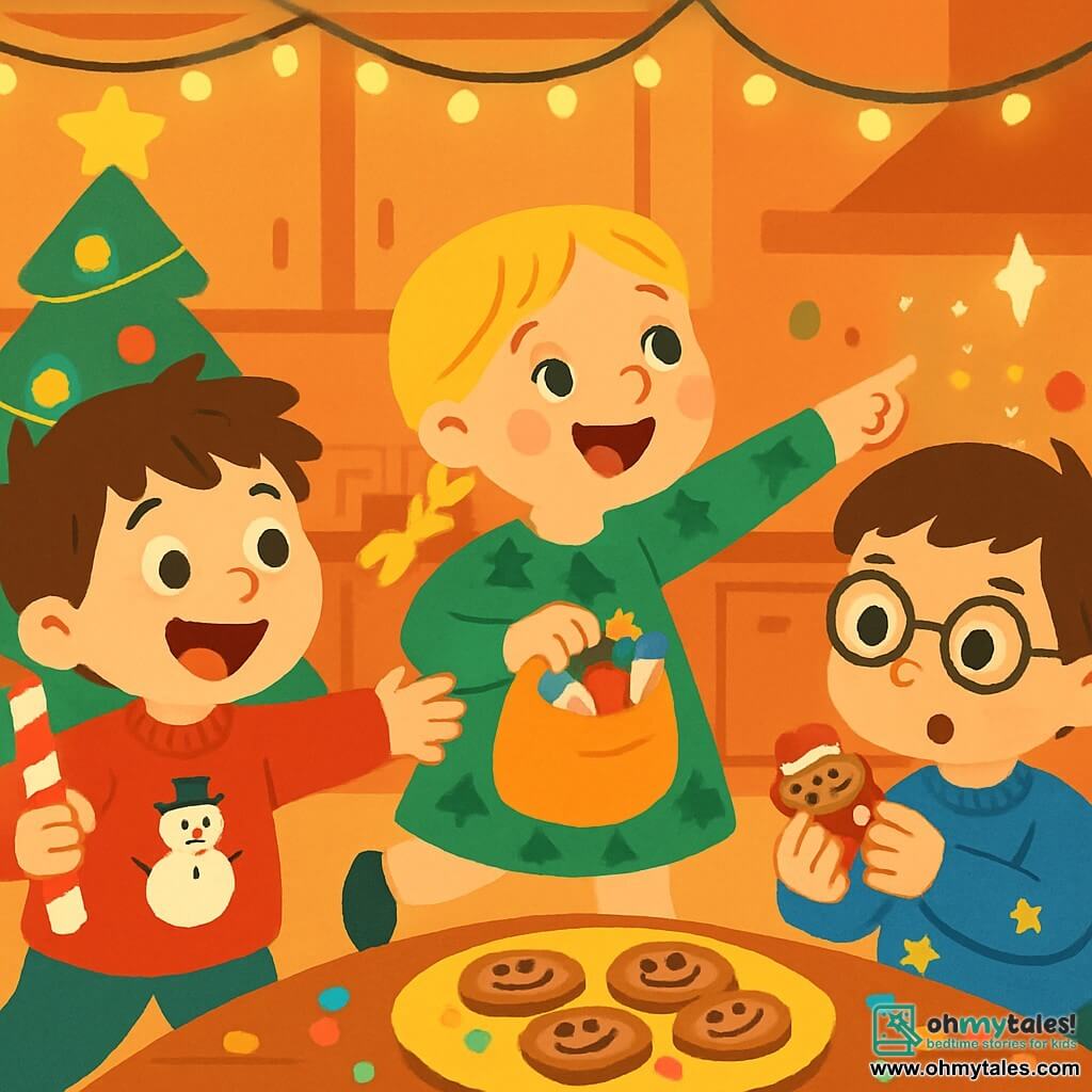 There are three characters: Max, a 6-year-old boy with messy brown hair and sparkling eyes, wearing a red sweater with a snowman and holding a large candy cane. Lily, a 5-year-old girl with braided blonde hair and rosy cheeks, wearing a green dress with tree patterns and holding a small bag filled with candies. Sam, a 6-year-old boy with brown hair and round glasses, wearing a blue sweater with stars, is curiously looking at a decorated cookie. The three friends are in a cozy kitchen filled with Christmas decorations. Sparkling garlands hang from the ceiling, and a large illuminated tree stands in one corner. On the table, plates of funny-faced cookies are arranged, surrounded by colorful confetti. The main scene shows the children laughing and searching for the mischievous elf, with traces of candies and magical light around them. They are all in motion, with bright smiles, ready to discover the surprises of Christmas.