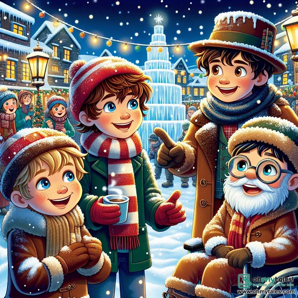 In a snowy village, four nine-year-old boys stand together, surrounded by sparkling snowflakes. Leo, with curly brown hair, wears a red hat and a striped scarf, enthusiastically telling a story. To his right, Sam, with blonde hair and sparkling eyes, smiles while pointing to a huge ice maze. On the left, Ethan, with brown hair and glasses, holds a cup of hot chocolate, his face lit up with joy. Finally, Max, with black hair and a radiant smile, is in his wheelchair, surrounded by his friends, listening attentively. The setting is a charming village called Pinewood, featuring wooden houses with snow-covered roofs, colorful lanterns illuminating the scene, and a large decorated Christmas tree in the town square. Children play around them, and market stalls offer treats and festive decorations. The main scene shows the four friends sharing stories and laughing together, surrounded by the magic of winter as they discover the wonders of the winter festival.