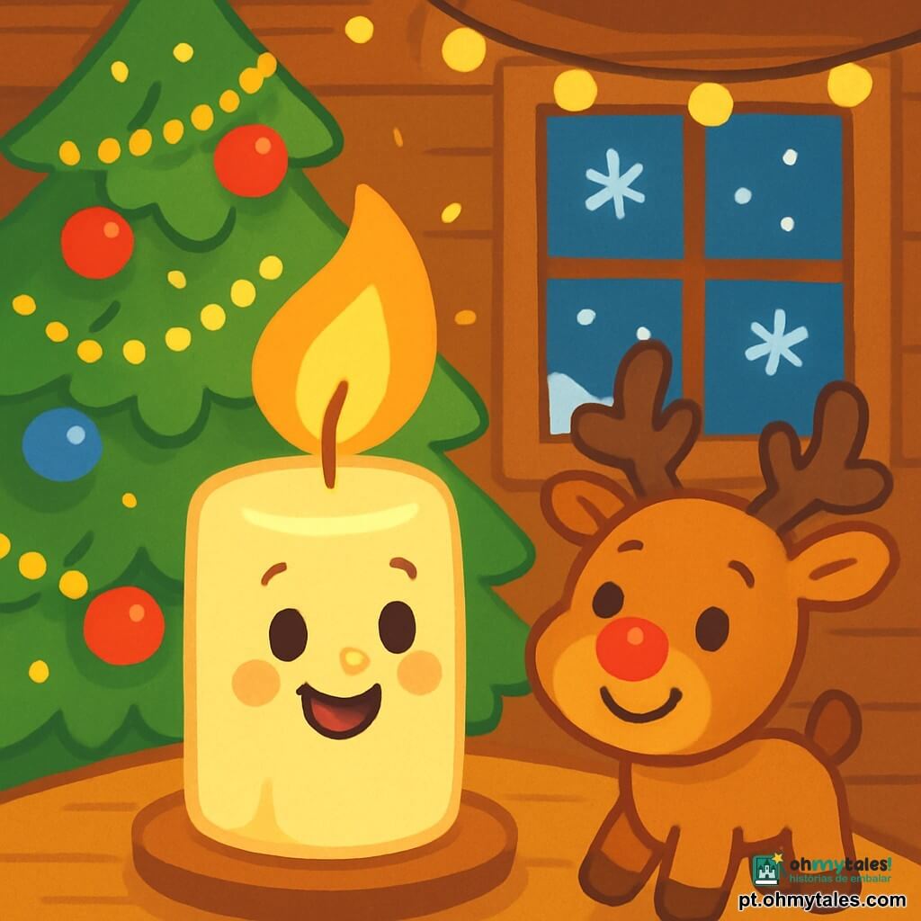 Uma pequena vela sorridente, com uma chama dançante e olhos brilhantes, brilha alegremente sobre uma mesa de madeira. Ela emite uma luz quente e dourada, iluminando seu rosto feliz. Ao lado dela, uma árvore de Natal decorada com bolas coloridas e guirlandas cintilantes se ergue orgulhosamente, suas ramas carregadas de neve macia. Um pequeno rena de pelúcia, com um nariz vermelho e olhos brilhantes, observa a vela com admiração, seu sorriso largo e pequenas orelhas em pé. Ele está bem em frente à vela, como se estivesse lá para admirar sua luz. A cena ocorre em um ambiente acolhedor, com paredes de madeira e janelas adornadas com flocos de neve. As guirlandas luminosas cintilam ao redor do ambiente, criando uma atmosfera mágica. A vela, cheia de alegria, ilumina o espaço enquanto o rena de pelúcia a observa, ambos repletos de felicidade e excitação para a noite de Natal.