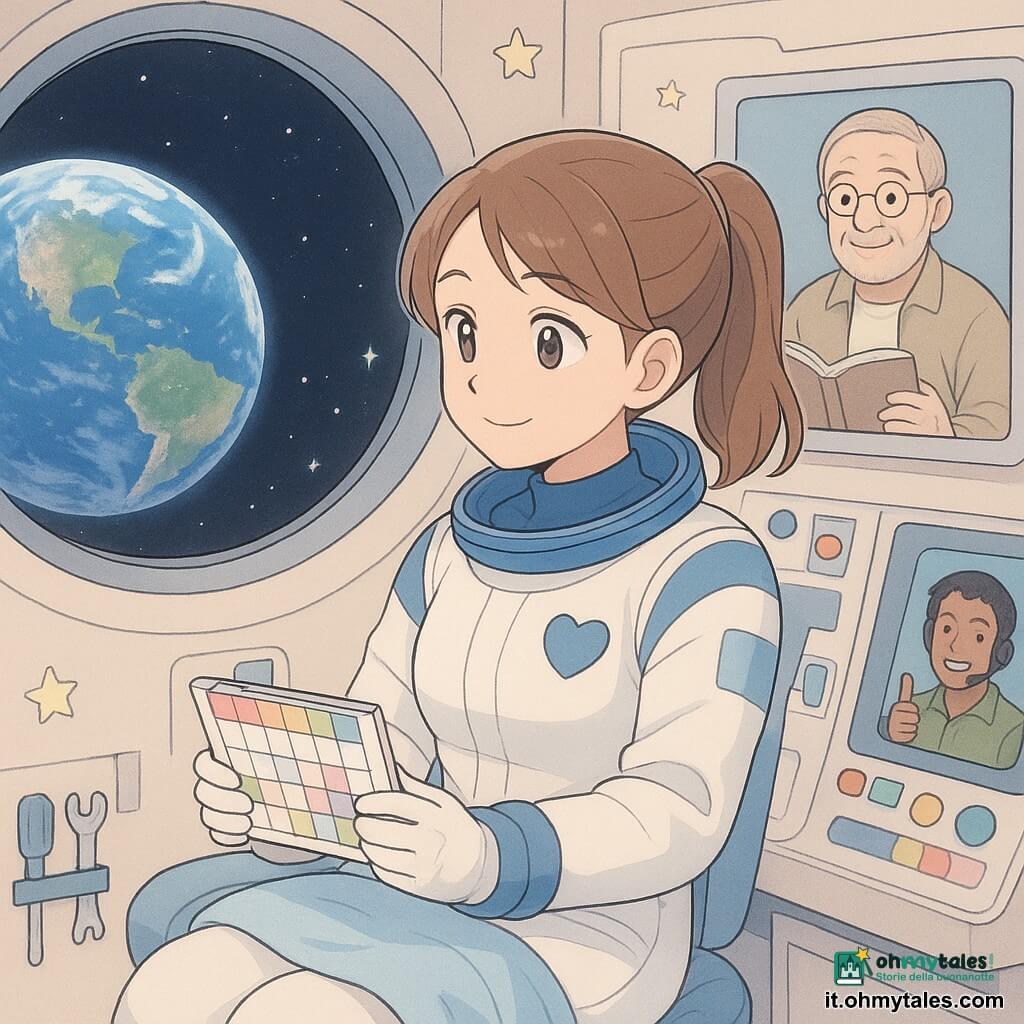 Una donna astronauta sorridente e dolce, emozione calma, capelli castano chiaro raccolti in coda, tuta spaziale bianca e blu con una piccola toppa a forma di cuore, seduta vicino a una grande finestra rotonda che guarda la Terra e tiene un piccolo calendario colorato; la sorella di circa 7 anni appare in un piccolo schermo di videochiamata sul cruscotto, ride, veste un abito rosa e ha capelli corti neri mentre saluta; un uomo adulto, Marco, ingegnere di circa 35 anni, è su un altro schermo con camicia verde e cuffie, sorride e fa il pollice in su da una stazione a terra; un nonno di circa 70 anni è in una piccola cornice appesa alla parete della cabina, barba grigia, occhiali rotondi, tiene un libro e sorride teneramente; interno della cabina spaziale chiaro e ordinato con pannelli luminosi e pulsanti colorati, attrezzi fissati con velcro, una coperta leggera piegata sul sedile e adesivi di stelle sui muri; la finestra mostra la Terra rotonda con nuvole bianche e oceani profondi e piccole stelle scintillanti sullo sfondo nero; situazione principale: momento calmo prima di dormire nello spazio — l’astronauta controlla il calendario, parla con la famiglia in video, prepara la sua copertina, atmosfera dolce, luminosa e rassicurante in palette pastello (azzurro cielo, rosa pallido, bianco sporco).