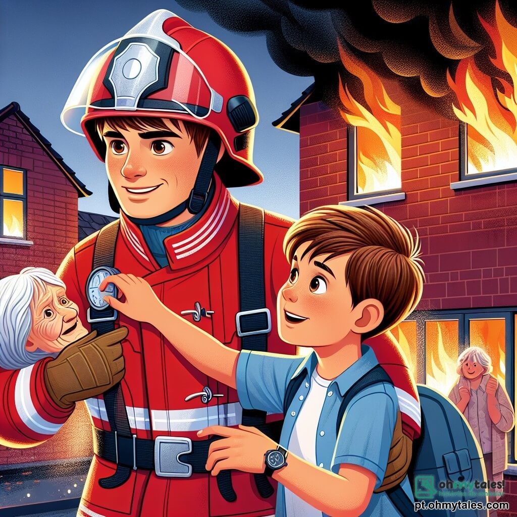 Um homem bombeiro, Miguel, com um rosto sorridente e determinado, veste um uniforme vermelho brilhante e um capacete reluzente. Ele tem cabelos castanhos e olhos cheios de coragem, segurando uma senhora idosa em seus braços, olhando para ela com benevolência. Ao lado dele, um garoto de dez anos, Lucas, com cabelos castanhos e olhos arregalados de admiração, observa a cena com um grande sorriso, vestido com uma camiseta azul e um short. O local é um edifício residencial em chamas, com chamas laranja brilhante e fumaça preta saindo das janelas. As paredes são de tijolos vermelhos, e vizinhos preocupados se mantêm à distância, observando a cena com esperança. A situação principal mostra Miguel salvando a senhora idosa, enquanto Lucas admira seu heroísmo, ilustrando a coragem e a compaixão dos bombeiros diante da adversidade.