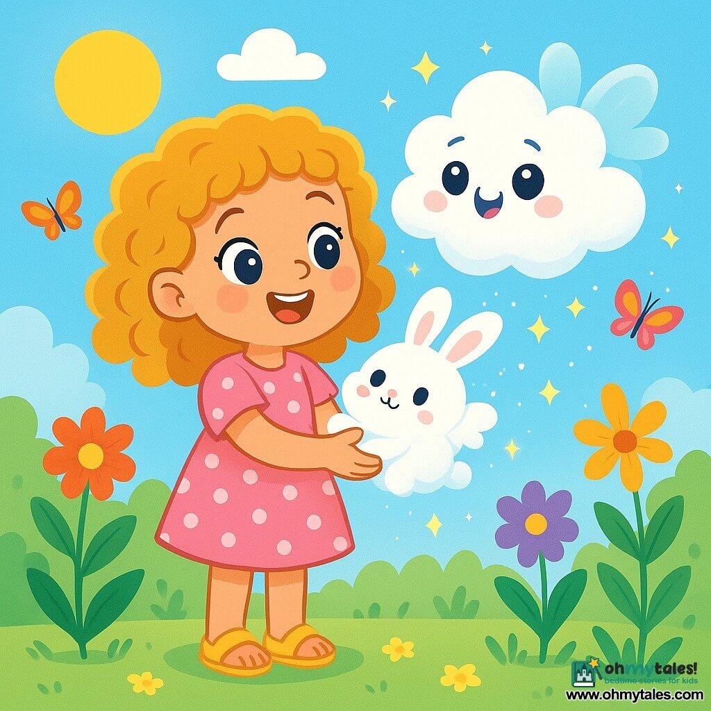 A 6-year-old girl with curly golden hair is wearing a pink polka-dot dress and yellow sandals. She has a big, amazed smile on her face, her eyes sparkling with excitement as she gently holds a small rabbit-shaped cloud in her hands. Next to her is a magical being, the Cloud Guardian, resembling a living cloud with twinkling eyes and a joyful face, floating in the air with small misty wings. They are both in a sunny garden filled with colorful flowers and butterflies fluttering around them. The scene shows the girl and the Cloud Guardian watching the rabbit cloud about to float into the sky, surrounded by magical sparkles and a gentle breeze.