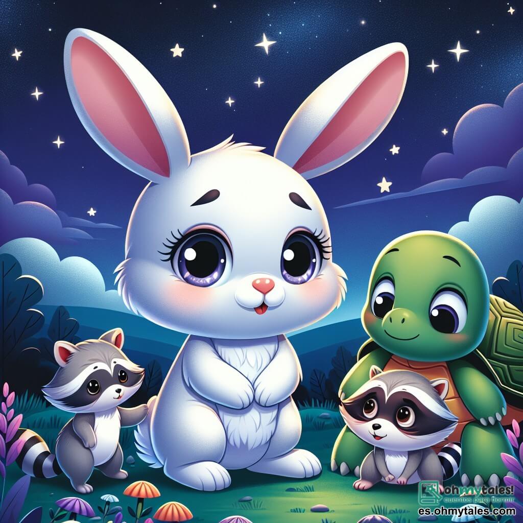 Un pequeño conejo de pelaje blanco y suave, con grandes ojos brillantes, se encuentra en medio de un campo nocturno, mostrando una ligera preocupación en su rostro. Mira hacia el cielo estrellado, con las orejas erguidas, como si escuchara los sonidos de la noche. A su lado, una tortuga de caparazón verde y brillante, con una sonrisa tranquilizadora, está cerca de él, animándolo con una expresión amistosa. Un mapache de ojos traviesos, con pelaje gris y rayas negras, está sentado en una piedra, riendo suavemente para calmar al pequeño conejo. El lugar es un campo abierto, bañado por la suave luz de la luna, con flores coloridas que se mecen suavemente en el viento. Las estrellas brillan en el cielo, creando una atmósfera mágica y pacífica. La situación principal muestra al pequeño conejo que, aunque un poco asustado por la oscuridad, comienza a sonreír al escuchar los ánimos de sus amigos y al observar la belleza de las estrellas, dándose cuenta de que la noche también puede ser un momento maravilloso.