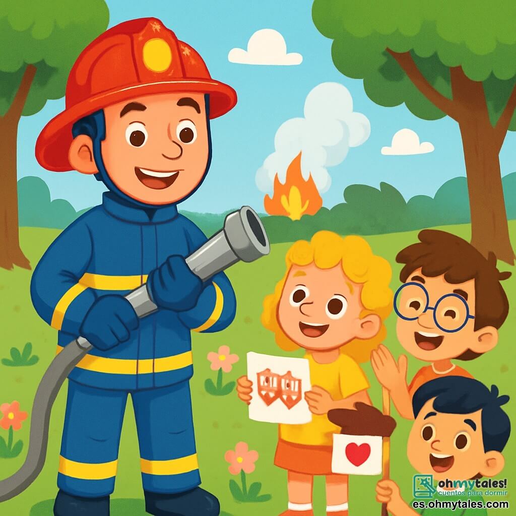 Un bombero llamado Pablo está de pie con una gran sonrisa en su rostro y ojos brillantes de emoción. Lleva un uniforme azul brillante y un casco rojo. En sus manos sostiene una gran manguera lista para usar. A su lado, un grupo de tres niños de unos 8 años lo mira con admiración. Una niña con cabello rizado y rubio lleva una camiseta amarilla y dibuja camiones de bomberos en un cuaderno. Un niño con gafas y cabello castaño desordenado aplaude. Otro niño, con cabello negro y liso, sostiene una bandera de papel con un corazón dibujado. La escena tiene lugar en un hermoso parque verde con árboles majestuosos y flores coloridas. Al fondo, se ve un pequeño incendio forestal ya controlado, con humo blanco elevándose en el cielo azul. Pablo, el bombero, se prepara para apagar el fuego, rodeado de los niños que lo animan, creando una atmósfera de camaradería y valentía.