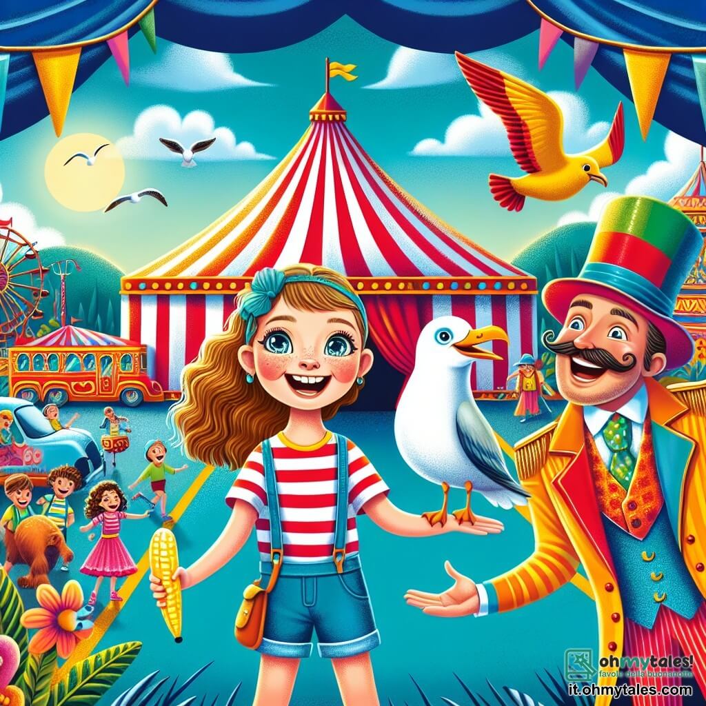 Una ragazza di 12 anni, di nome Giulia, con lunghi capelli castani e occhi pieni di curiosità, si trova davanti a un grande tendone da circo dai colori vivaci, con un ampio sorriso sul volto. Indossa una maglietta a righe e un pantaloncino di jeans, tenendo in mano una banana di plastica, pronta ad aiutare un gabbiano. Accanto a lei, il direttore del circo, il signor Girandolino, un uomo di una cinquantina d'anni con un cilindro colorato e baffi arricciati, sorride gioiosamente gesticolando come se stesse presentando uno spettacolo. Sullo sfondo, il tendone del Circo Pastrocchio, con strisce rosse e bianche, si erge maestoso sotto un cielo blu brillante, circondato da roulotte colorate e animali curiosi. La scena principale mostra Giulia pronta a coinvolgere il gabbiano in un numero comico, mentre artisti del circo si affaccendano attorno a loro, creando un'atmosfera gioiosa e vivace.