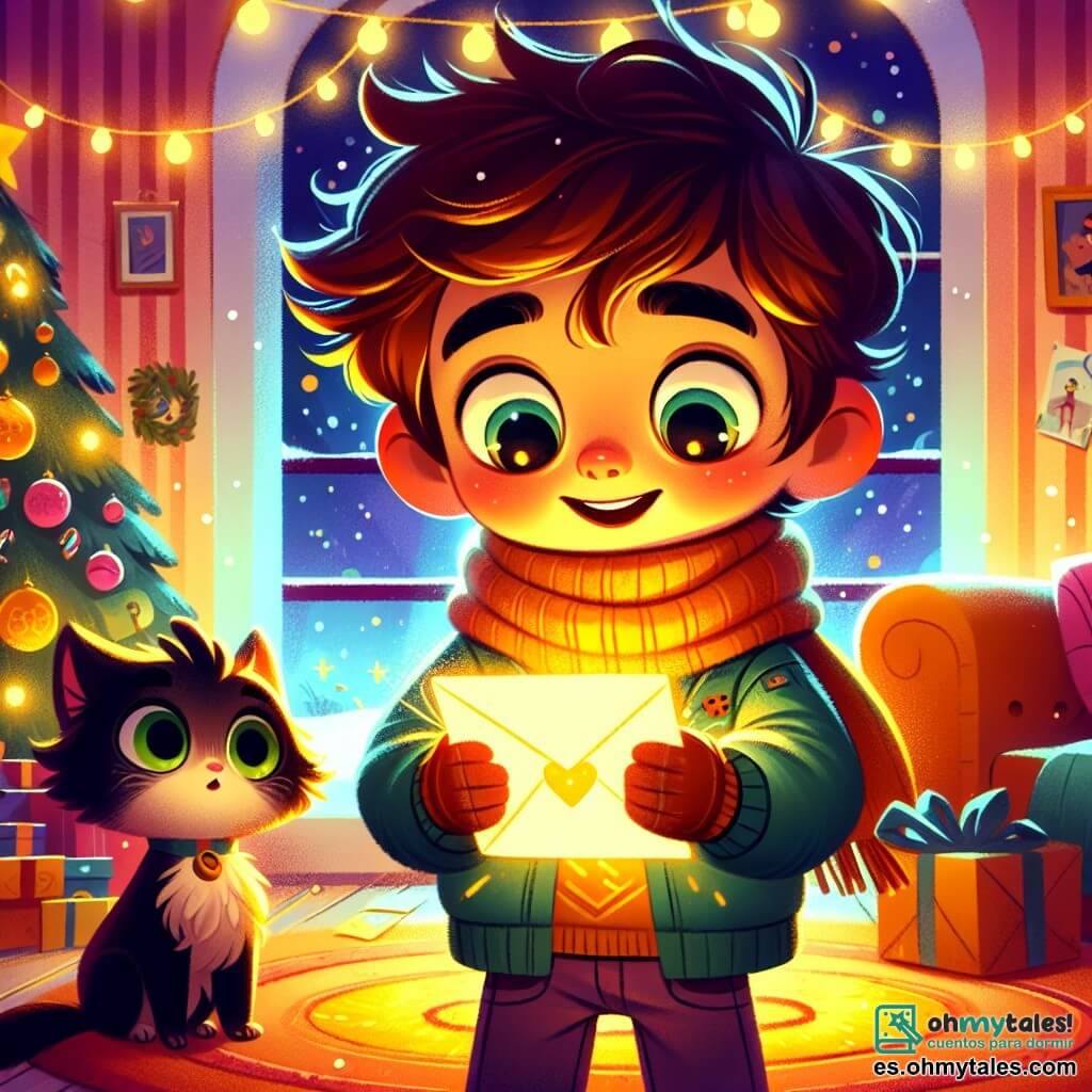 Un niño de 4 años, Lucas, con el cabello castaño desordenado y ojos llenos de curiosidad, se encuentra en el medio de una habitación acogedora, sosteniendo una carta brillante en sus pequeñas manos. Su rostro está iluminado por una gran sonrisa asombrada, sus mejillas rosadas delatan su emoción. A su lado, un gato negro con ojos verdes, curioso y juguetón, observa la carta con interés, sentado sobre la alfombra suave. La habitación está decorada con guirnaldas luminosas y un gran árbol de Navidad, lleno de bolas de colores y cintas doradas, creando una atmósfera festiva y mágica. Lucas, intrigado, se inclina para examinar la carta misteriosa que encontró debajo del sofá, listo para descubrir su secreto.