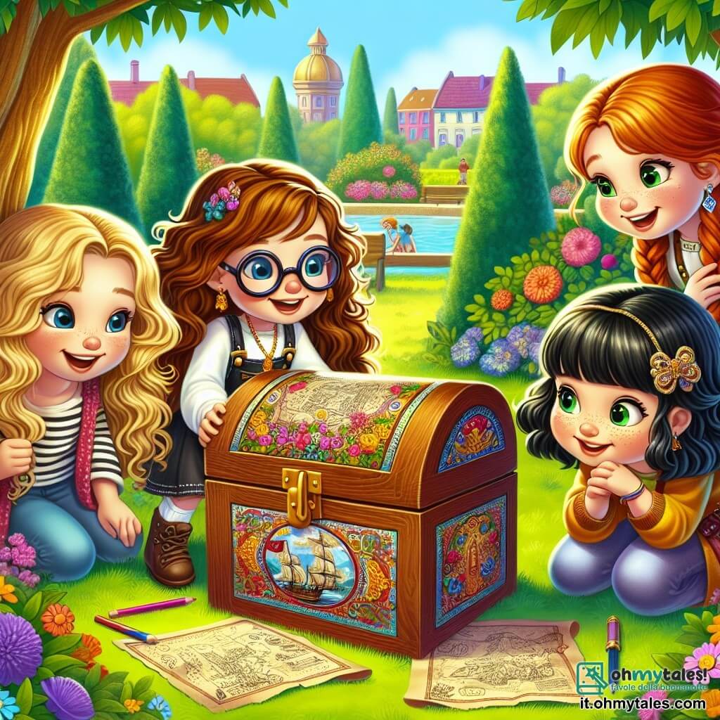 Quattro amiche di otto anni si trovano in un parco soleggiato. Sofia, con lunghi capelli castani e occhiali rotondi, sta aprendo una misteriosa scatola di legno su una panchina. Alla sua destra, Giulia, con capelli biondi e ricci, ride tenendosi i fianchi, mentre Chiara, con capelli neri e una frangia, osserva la scena seriamente con un piccolo quaderno in mano. Infine, Martina, con capelli rossi e trecce, è accovacciata, pronta a saltare di gioia. Il parco è pieno di fiori colorati, alberi verdi e un cielo blu, creando un'atmosfera gioiosa. La scatola di legno è decorata con motivi colorati e attrae l'attenzione delle quattro amiche. Le ragazze scoprono una mappa del tesoro all'interno della scatola, con i volti illuminati dall'eccitazione e dalla curiosità, pronte per l'avventura.